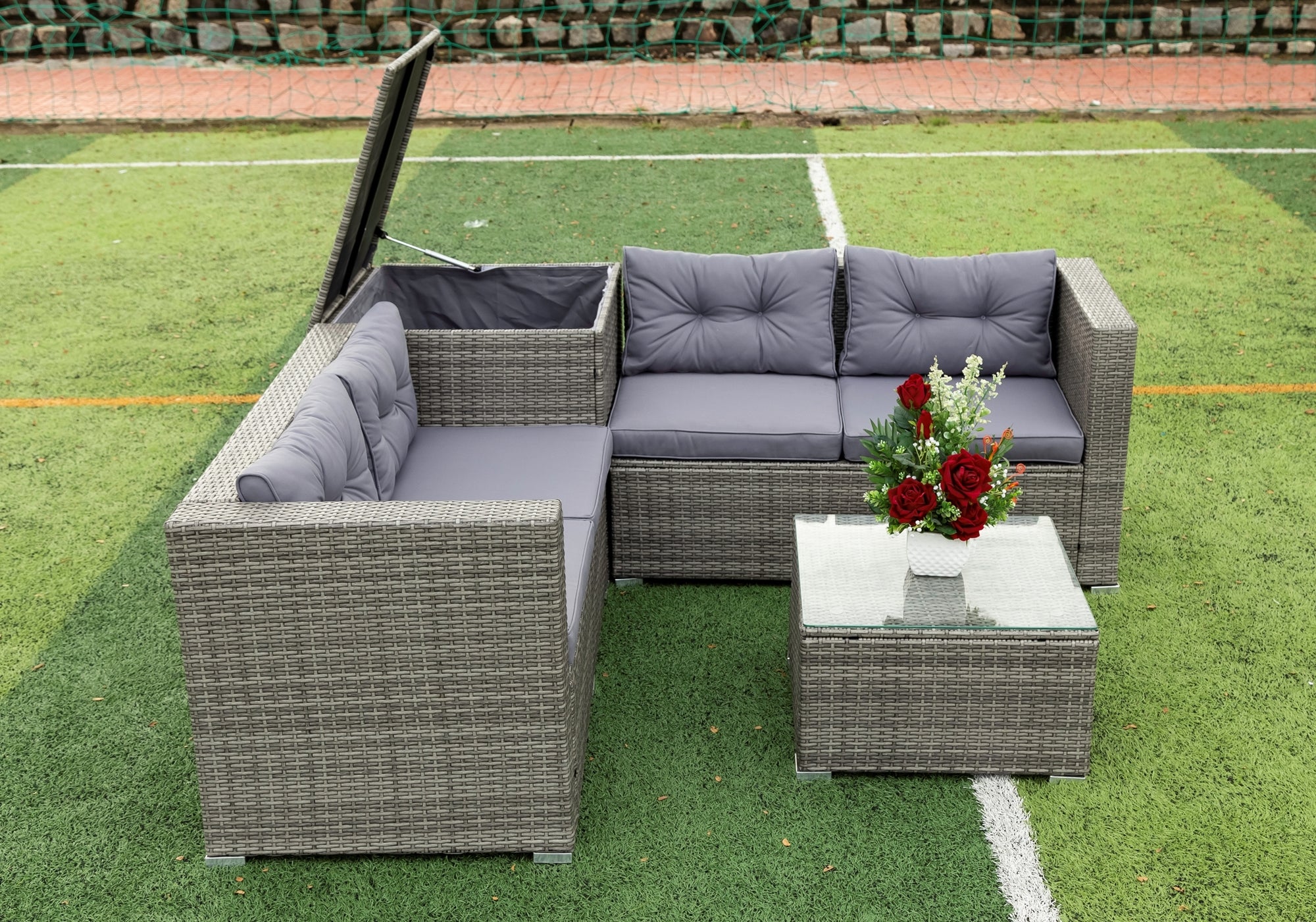 4-Piece Outdoor Patio Wicker Rattan Sectional Sofa Set with Storage Box and Cushions BOELEPS01TA-GR