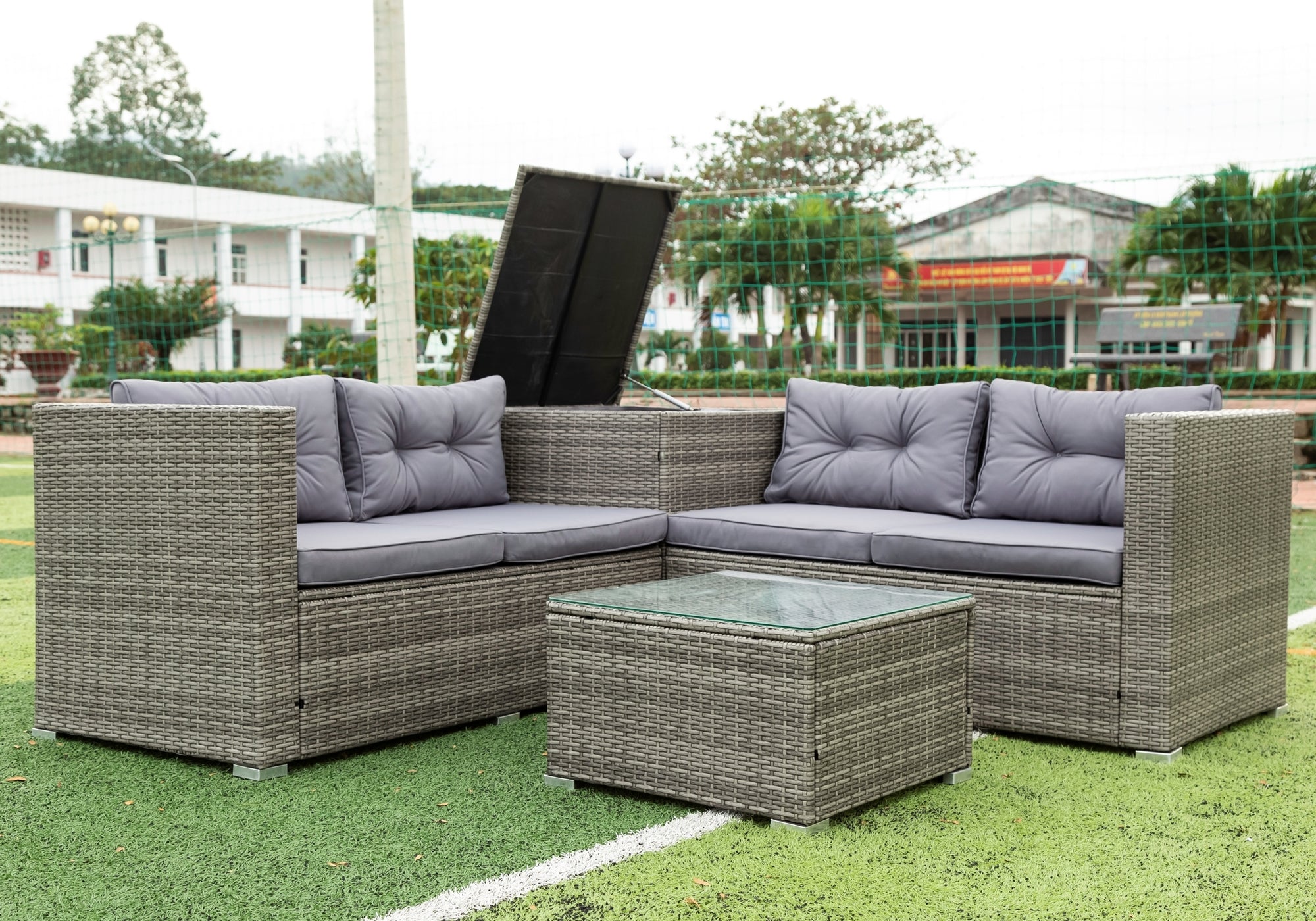 4-Piece Outdoor Patio Wicker Rattan Sectional Sofa Set with Storage Box and Cushions BOELEPS01TA-GR
