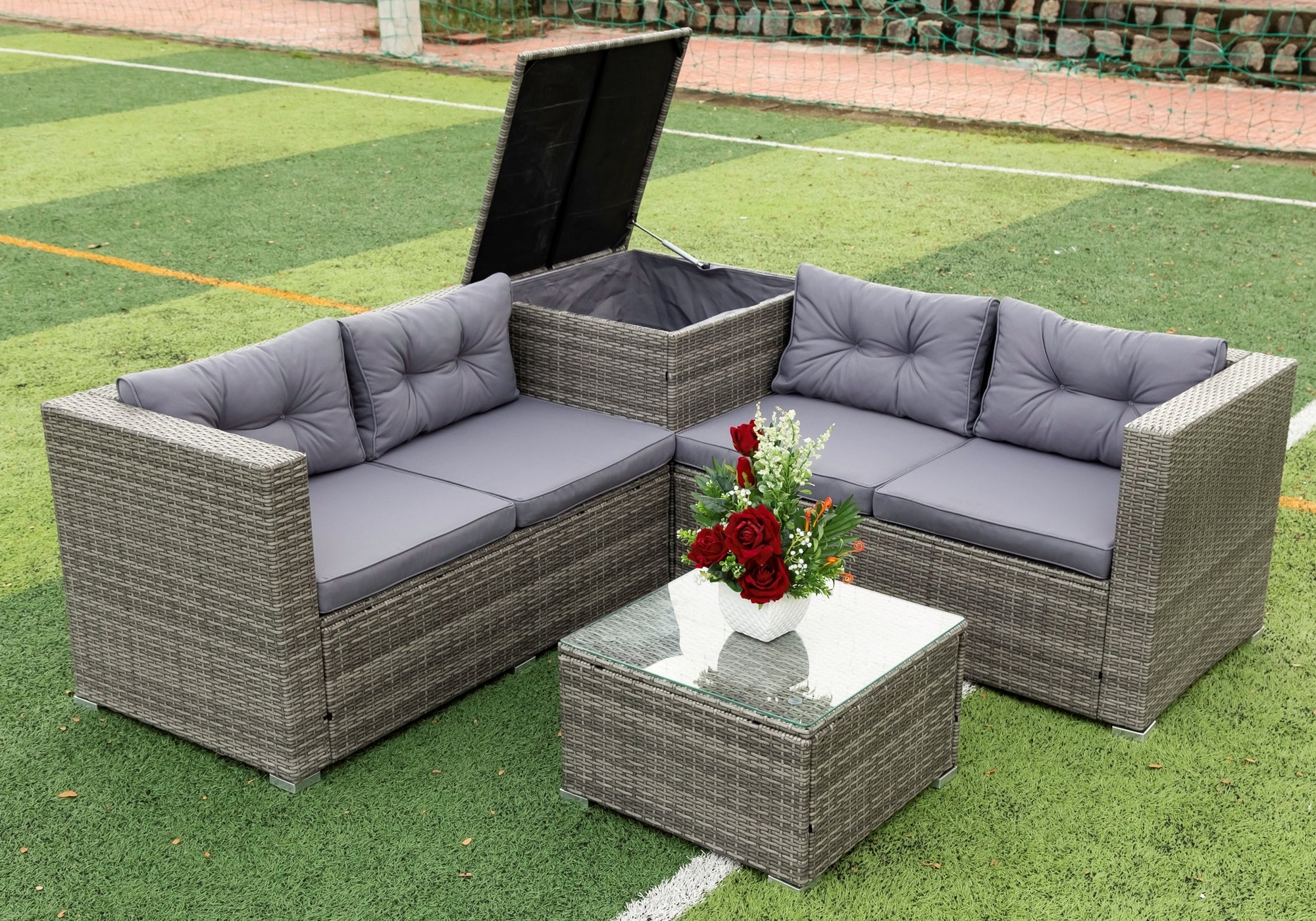4-Piece Outdoor Patio Wicker Rattan Sectional Sofa Set with Storage Box and Cushions BOELEPS01TA-GR