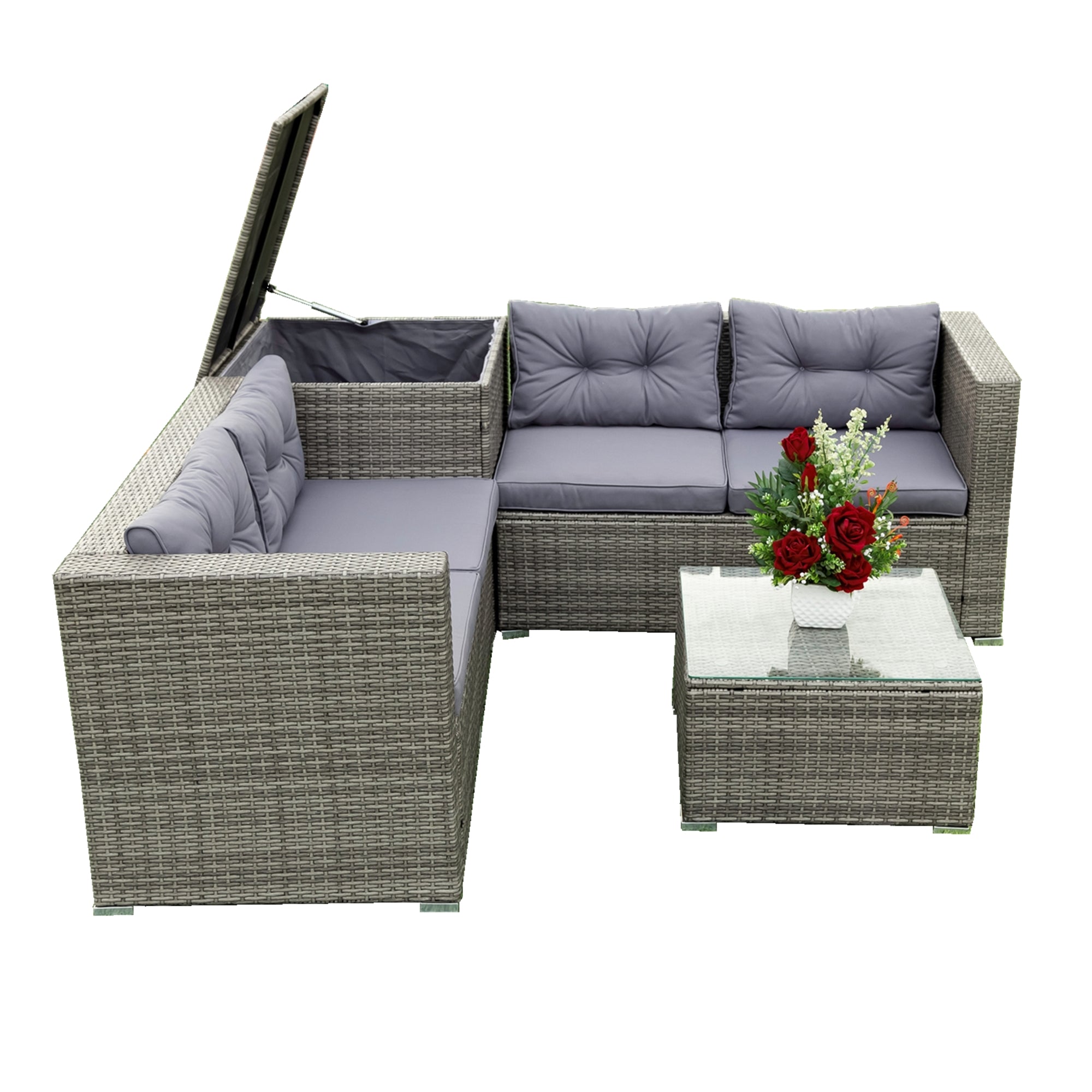 4-Piece Outdoor Patio Wicker Rattan Sectional Sofa Set with Storage Box and Cushions BOELEPS01TA-GR