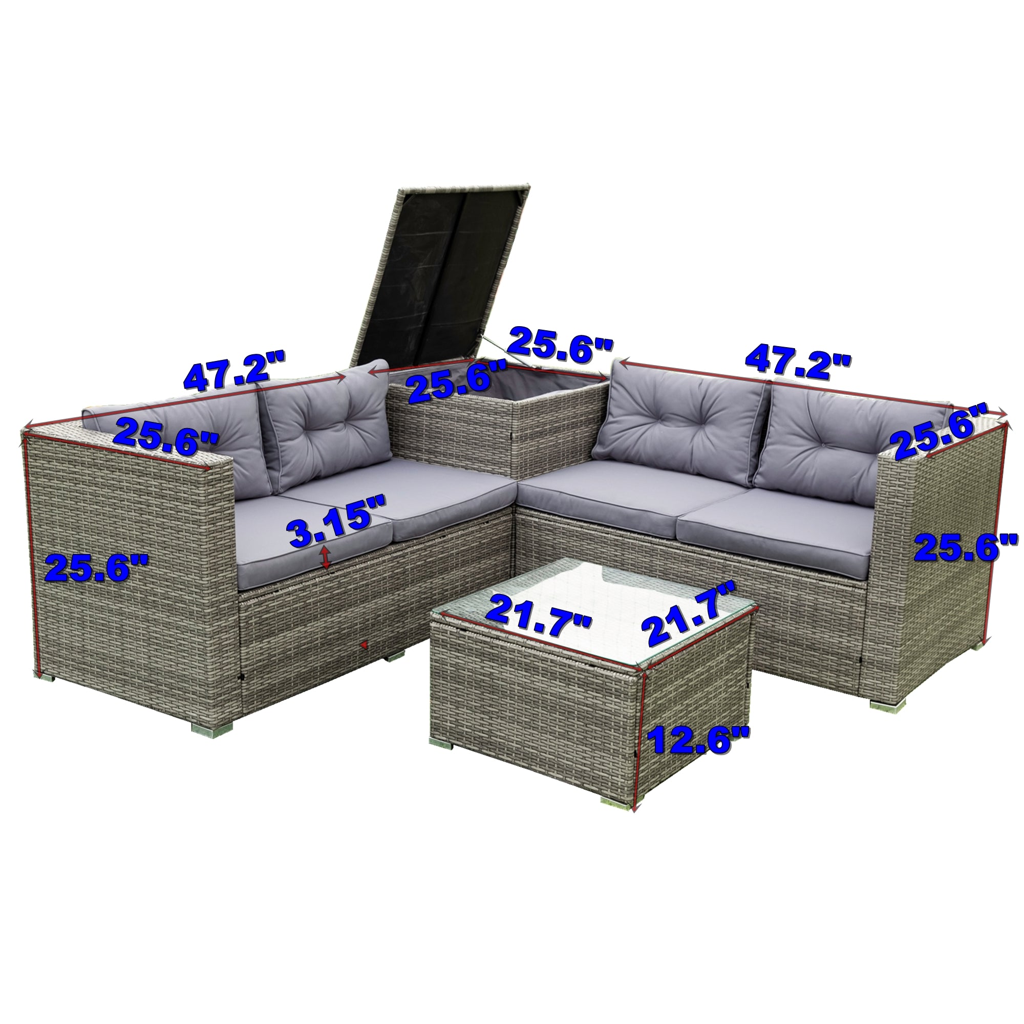 4-Piece Outdoor Patio Wicker Rattan Sectional Sofa Set with Storage Box and Cushions BOELEPS01TA-GR