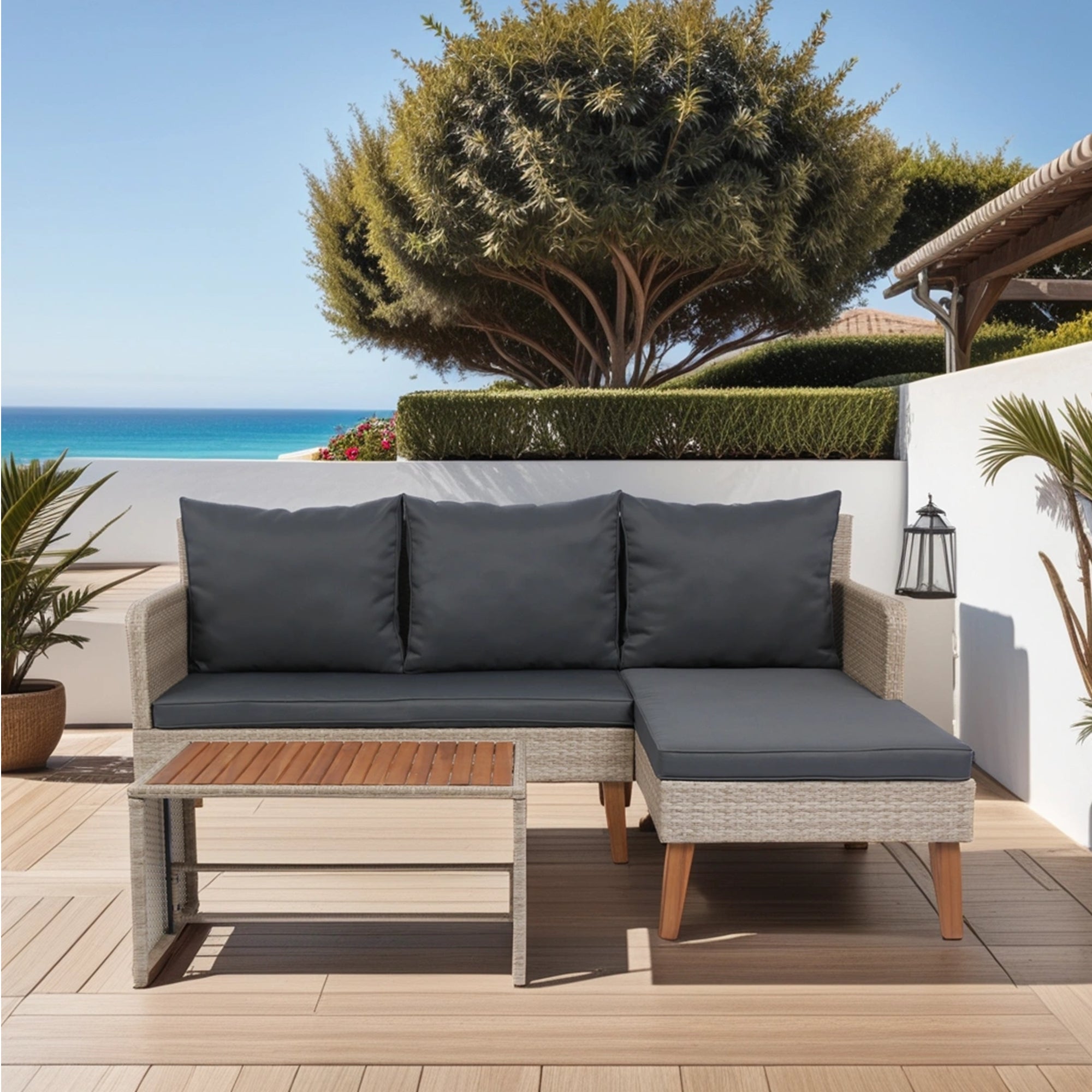 3-Piece Outdoor Patio Wicker Rattan Furniture Sofa Set with Dark Grey Cushion JMELEPS08NY-GR