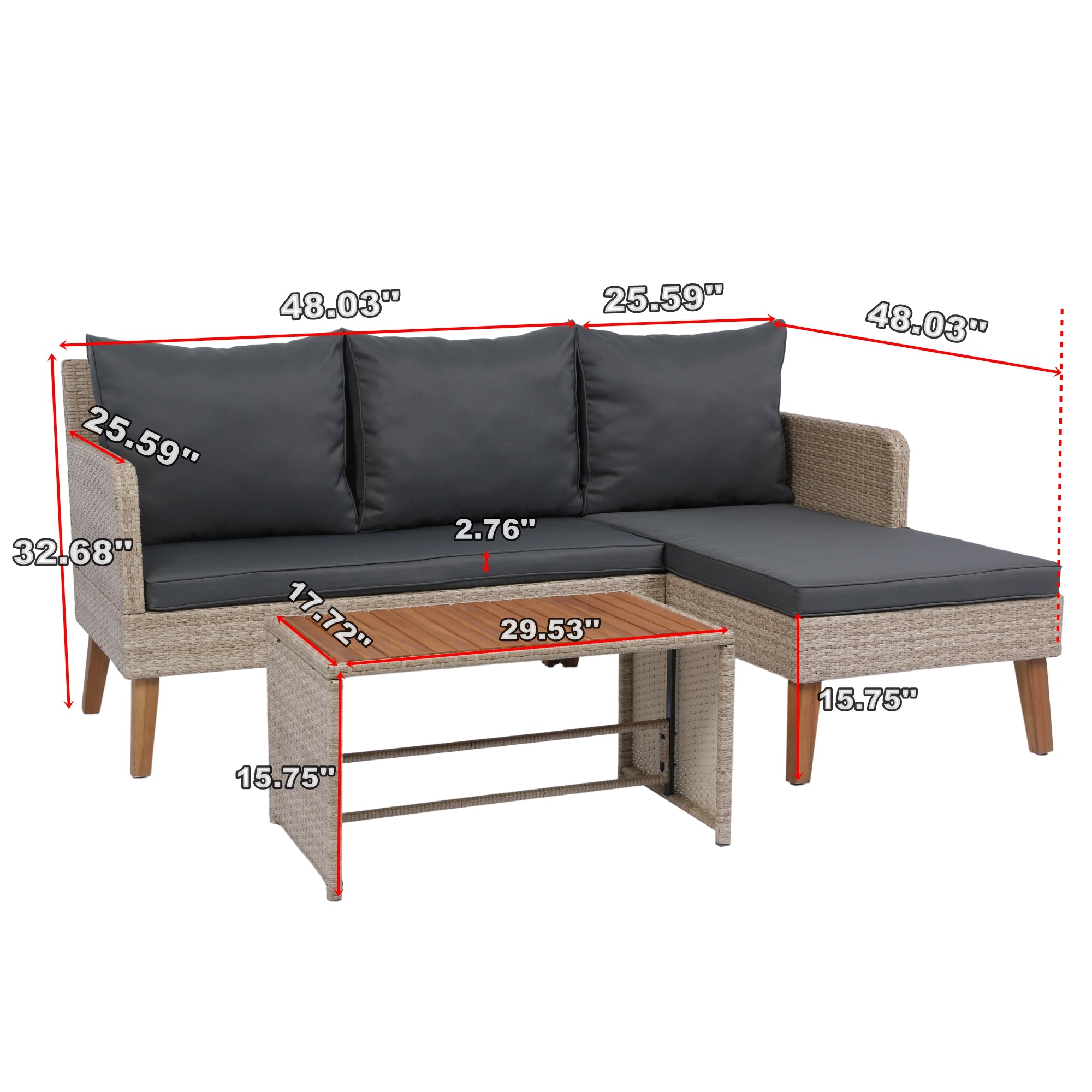 3-Piece Outdoor Patio Wicker Rattan Furniture Sofa Set with Dark Grey Cushion JMELEPS08NY-GR