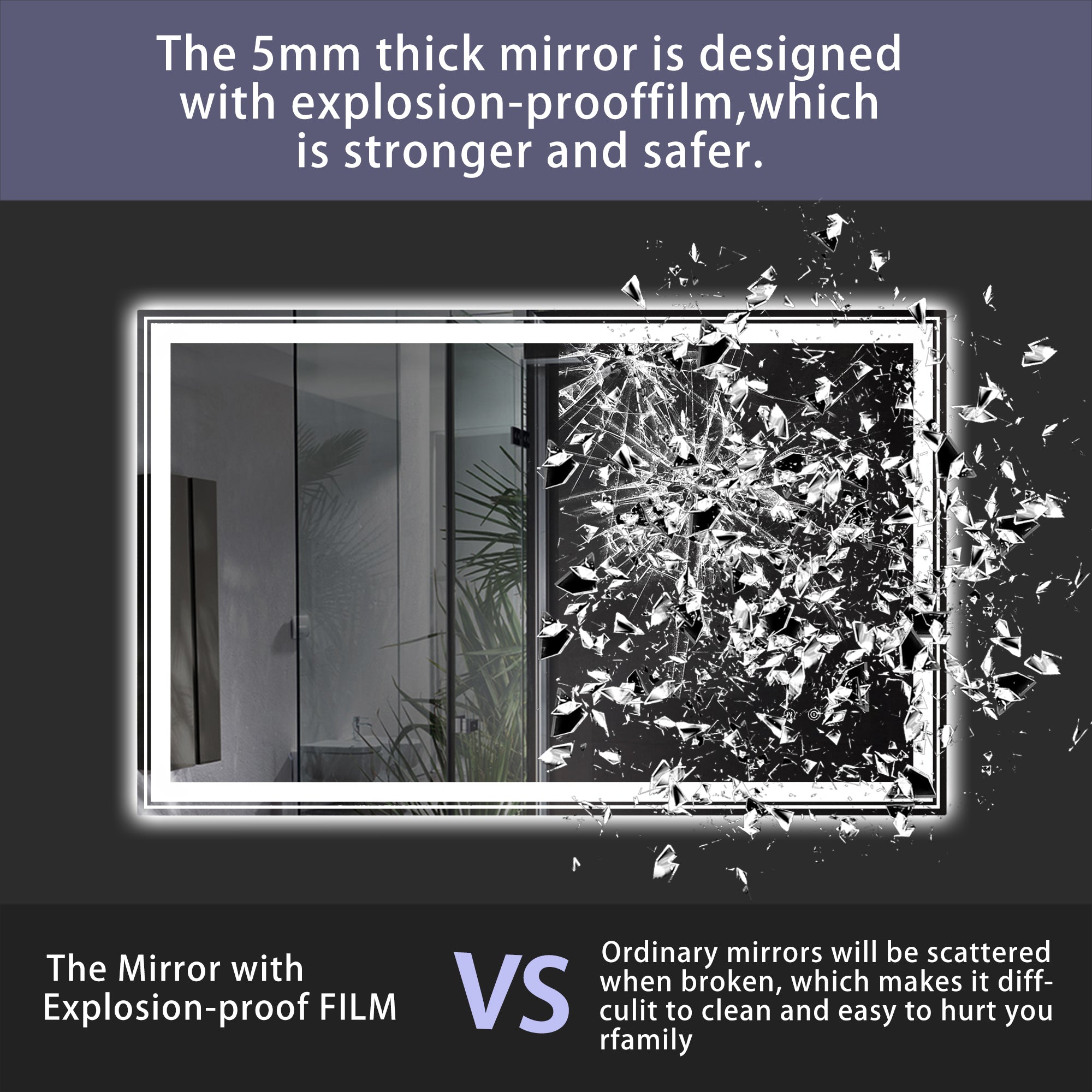Rectangular Frameless Dimmable Wall Mounted LED Bathroom Vanity Mirror