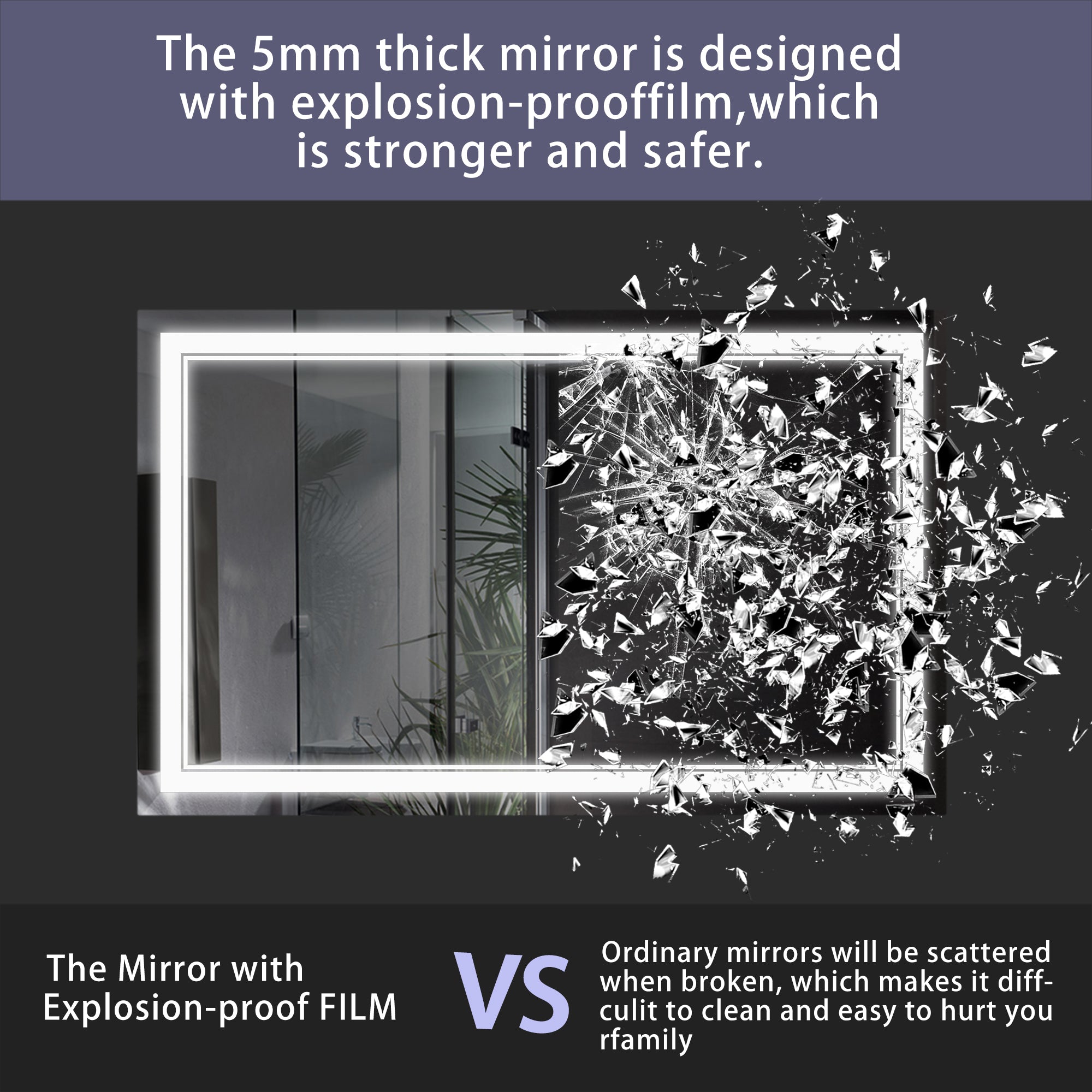 Rectangular Frameless Dimmable Wall Mounted LED Bathroom Vanity Mirror