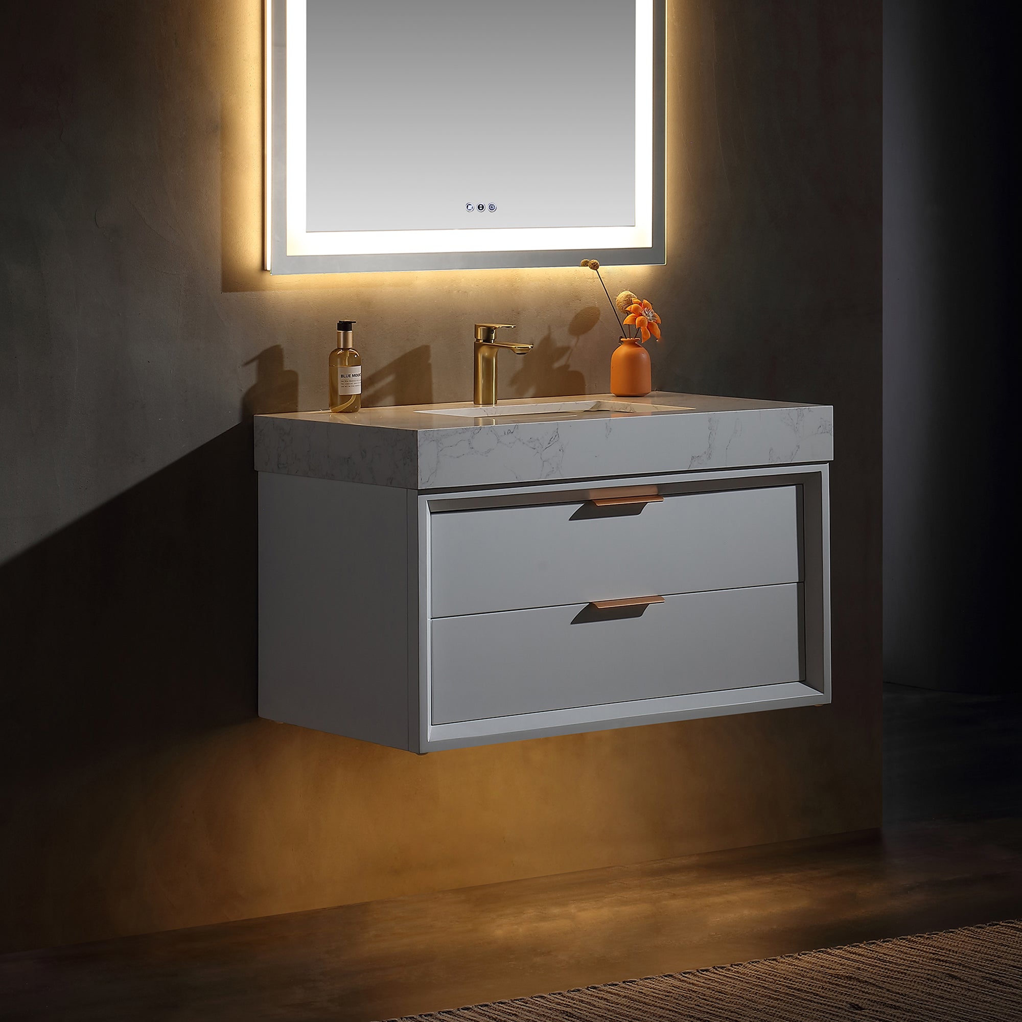 36 Inch Solid Wood Frame Wall-Mounted Bathroom Vanity Set with Ceramic Basin