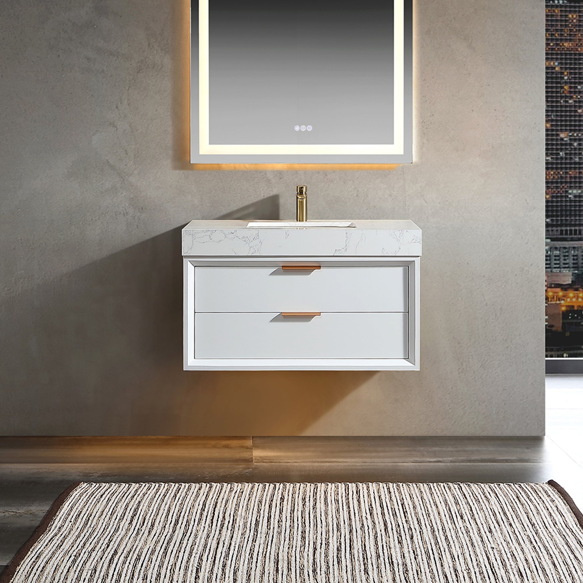 36 Inch Solid Wood Frame Wall-Mounted Bathroom Vanity Set with Ceramic Basin