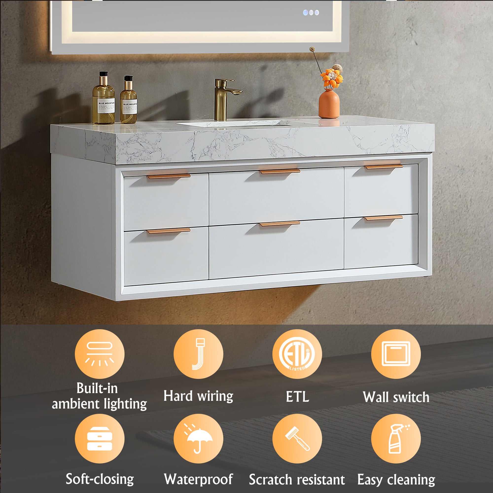 48 Inch Solid Wood Frame Wall-Mounted Bathroom Vanity Set with Ceramic Basin