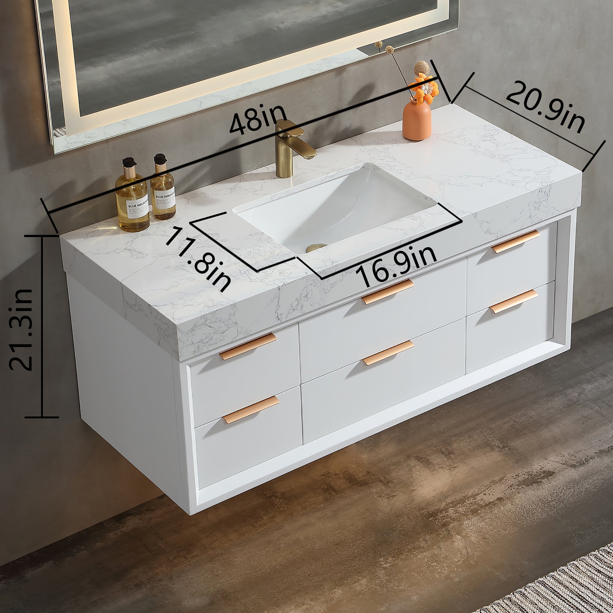48 Inch Solid Wood Frame Wall-Mounted Bathroom Vanity Set with Ceramic Basin