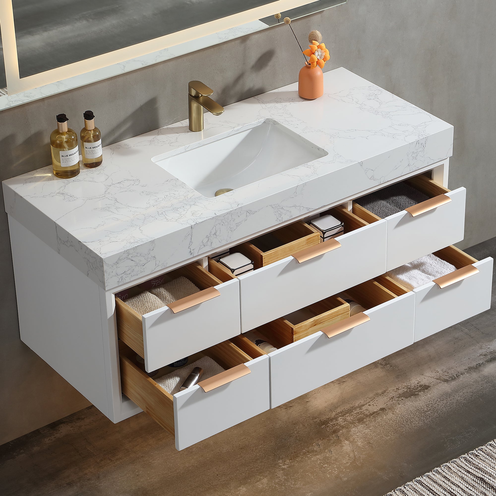 48 Inch Solid Wood Frame Wall-Mounted Bathroom Vanity Set with Ceramic Basin