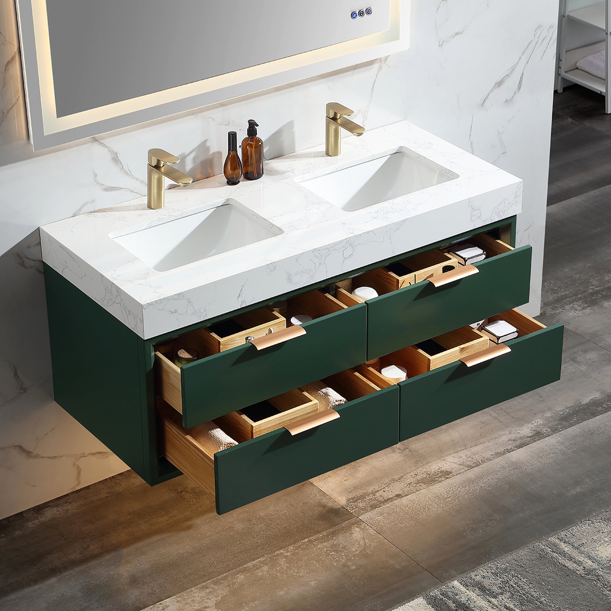 48 Inch Solid Wood Frame Wall-Mounted Bathroom Vanity Set with Double Ceramic Basin