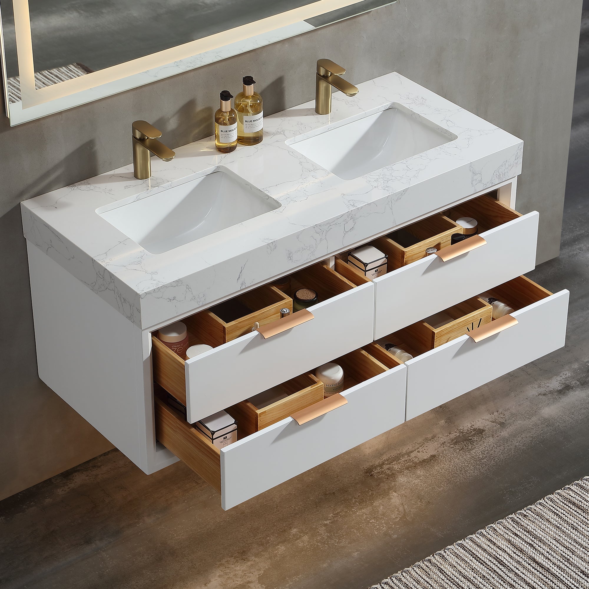 48 Inch Solid Wood Frame Wall-Mounted Bathroom Vanity Set with Double Ceramic Basin