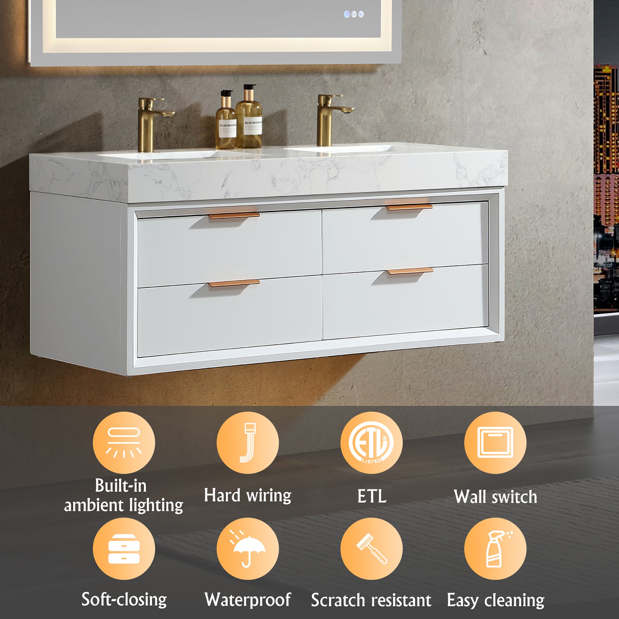 48 Inch Solid Wood Frame Wall-Mounted Bathroom Vanity Set with Double Ceramic Basin