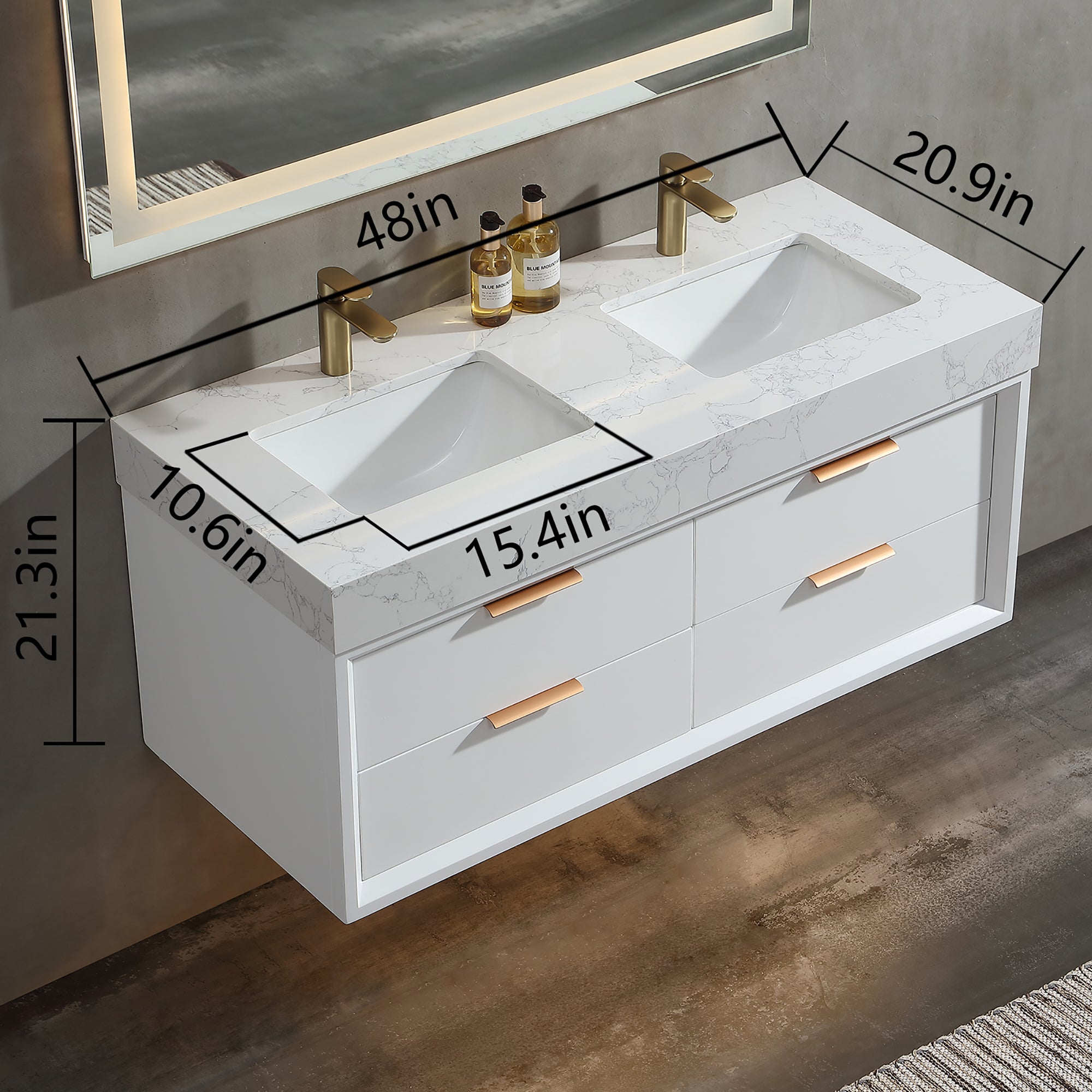 48 Inch Solid Wood Frame Wall-Mounted Bathroom Vanity Set with Double Ceramic Basin