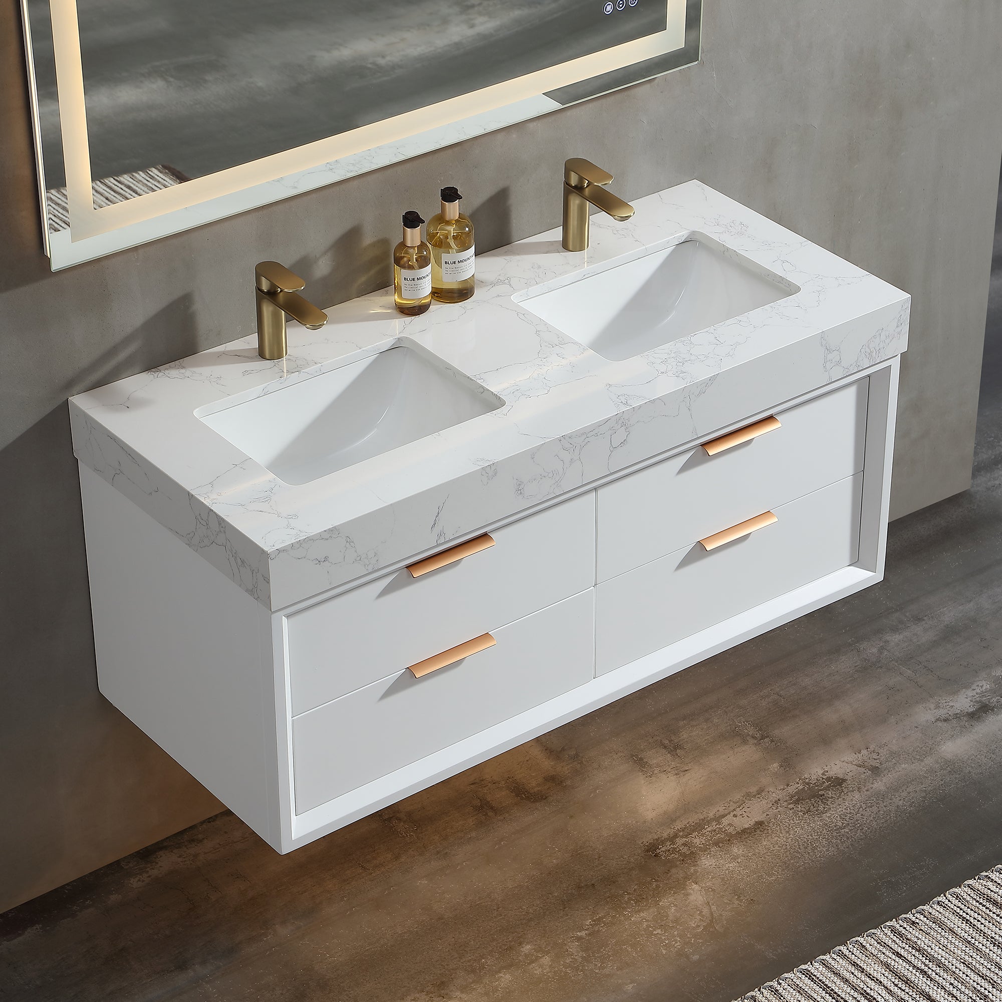 48 Inch Solid Wood Frame Wall-Mounted Bathroom Vanity Set with Double Ceramic Basin