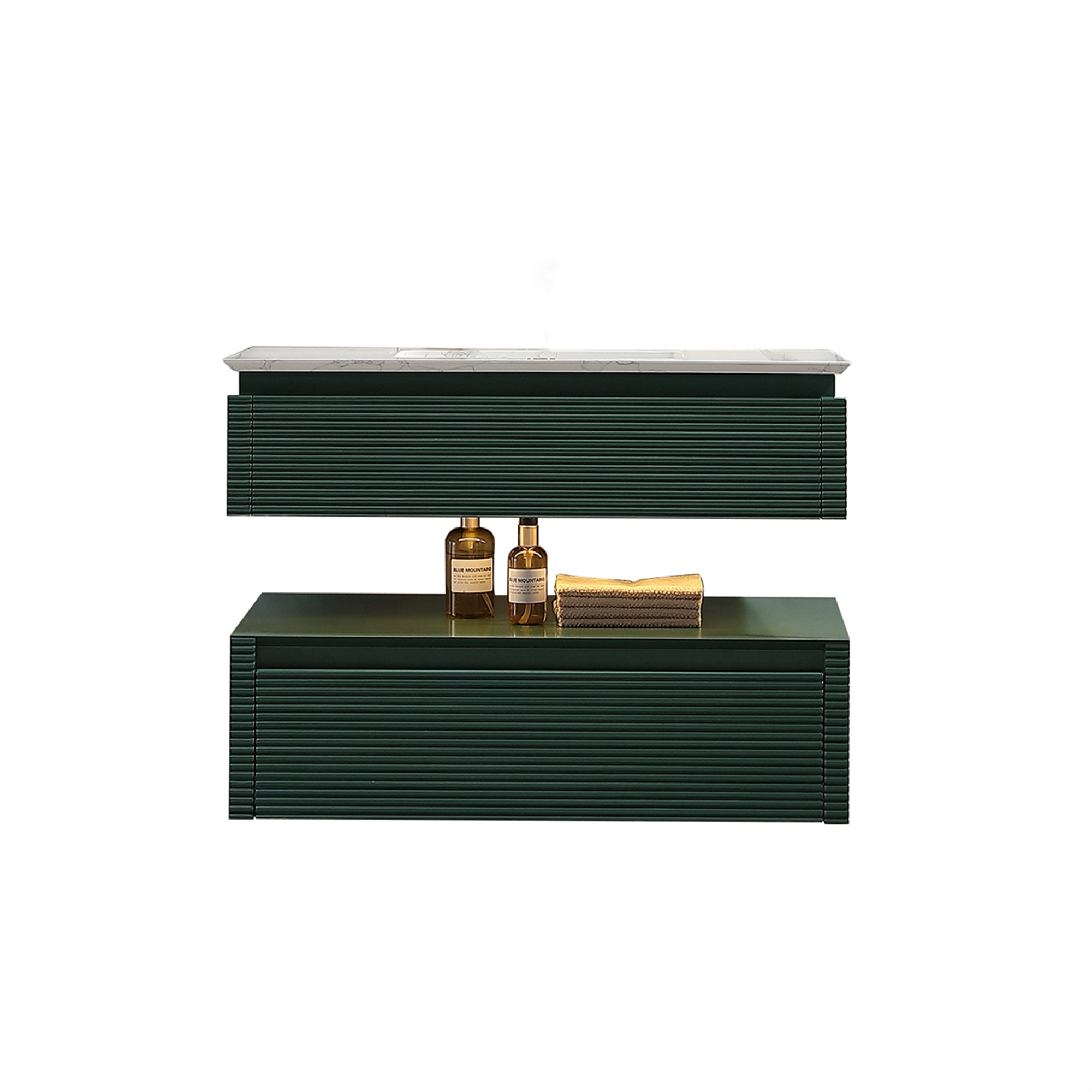 36 Inch Solid Wood Wall-Mounted Bathroom Vanity Set in Green/ White with Engineered Stone and Ceramic Sink