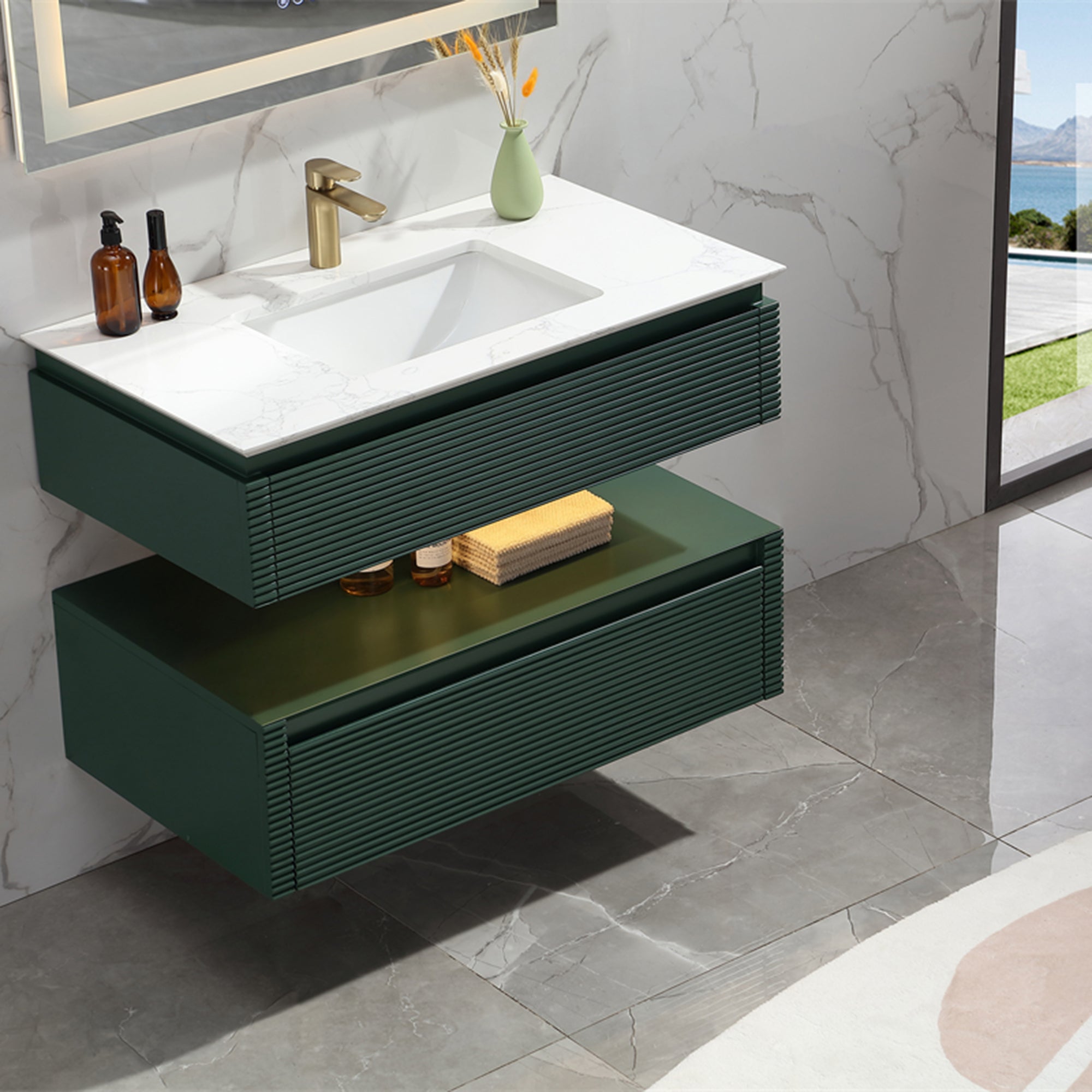 36 Inch Solid Wood Wall-Mounted Bathroom Vanity Set in Green/ White with Engineered Stone and Ceramic Sink