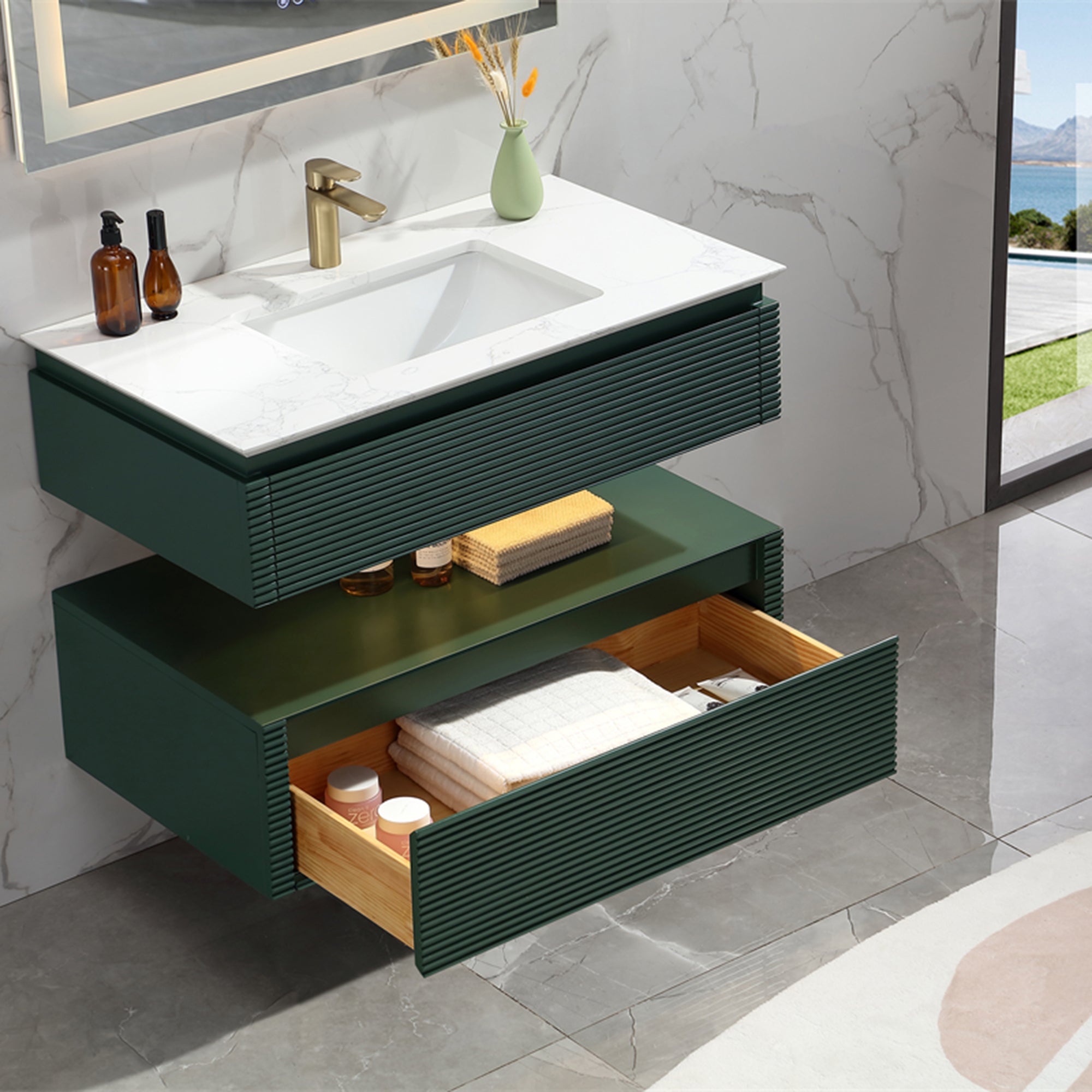 36 Inch Solid Wood Wall-Mounted Bathroom Vanity Set in Green/ White with Engineered Stone and Ceramic Sink