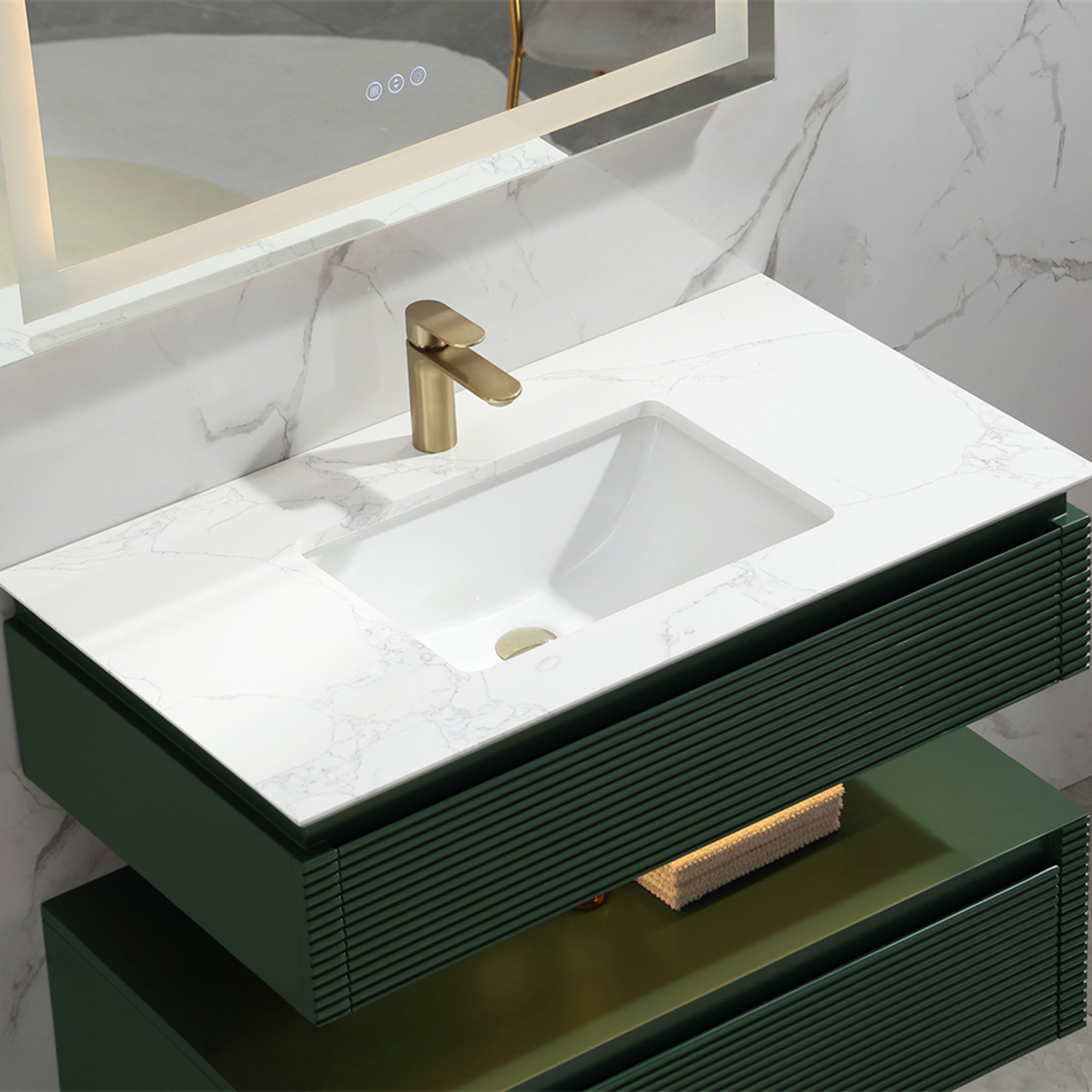 36 Inch Solid Wood Wall-Mounted Bathroom Vanity Set in Green/ White with Engineered Stone and Ceramic Sink