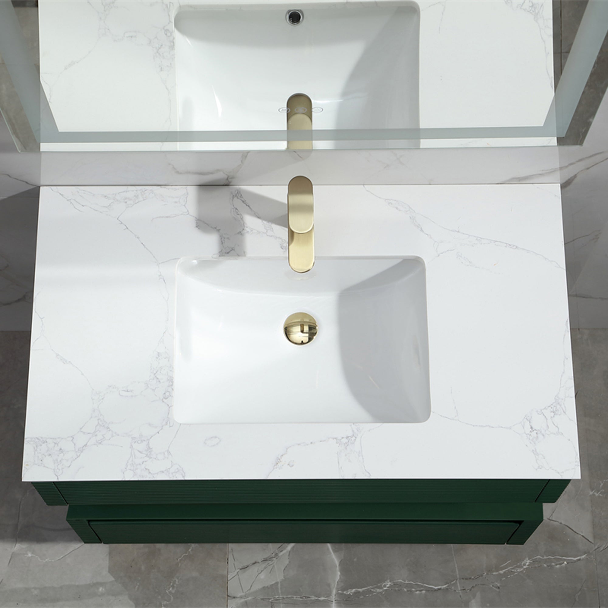 36 Inch Solid Wood Wall-Mounted Bathroom Vanity Set in Green/ White with Engineered Stone and Ceramic Sink