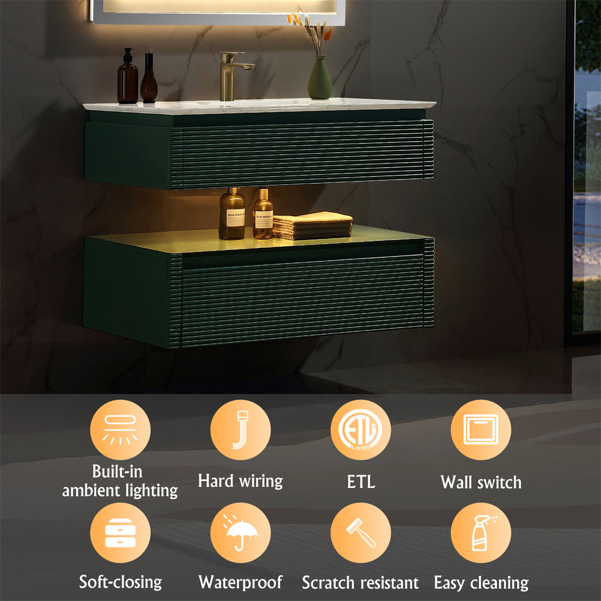 36 Inch Solid Wood Wall-Mounted Bathroom Vanity Set in Green/ White with Engineered Stone and Ceramic Sink