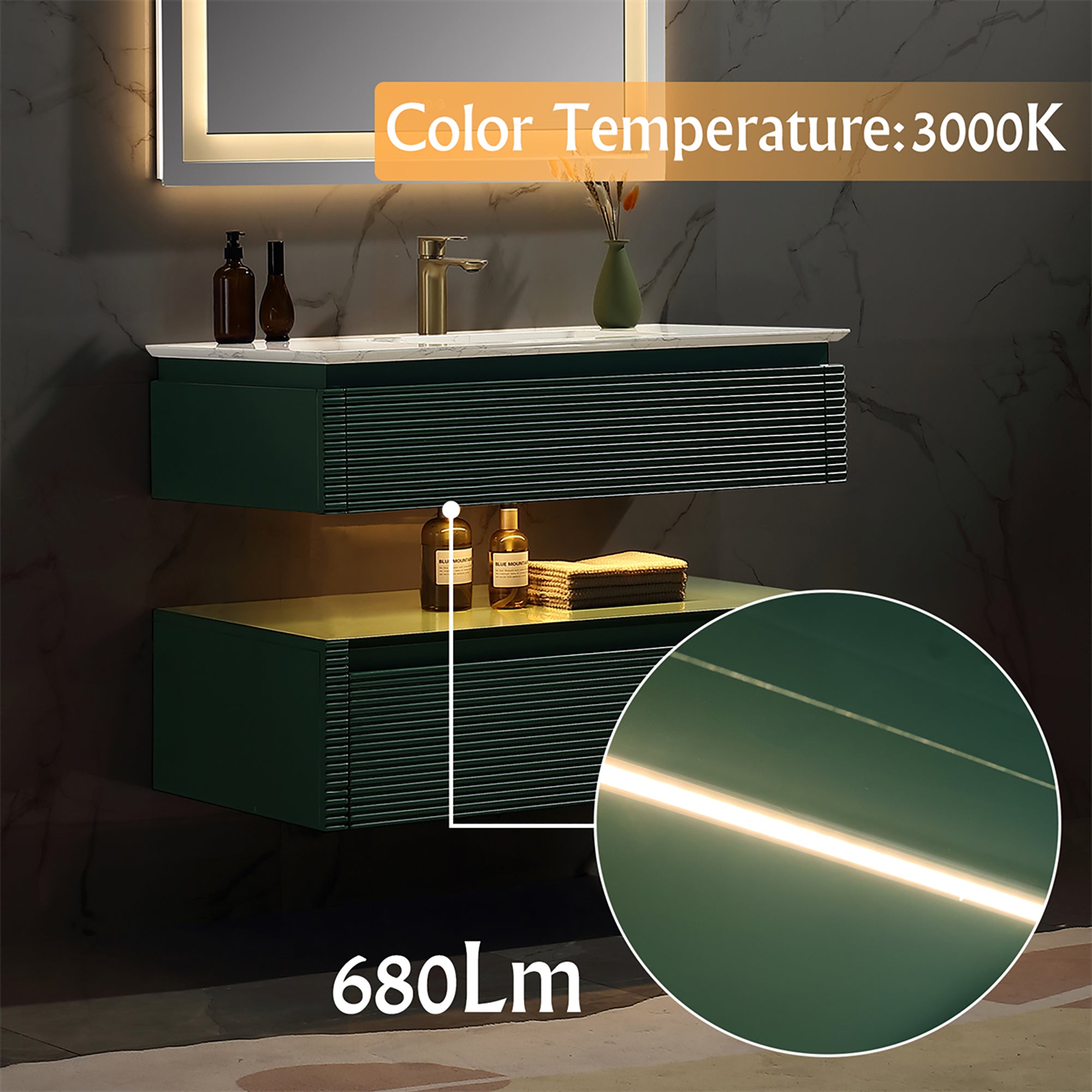 36 Inch Solid Wood Wall-Mounted Bathroom Vanity Set in Green/ White with Engineered Stone and Ceramic Sink
