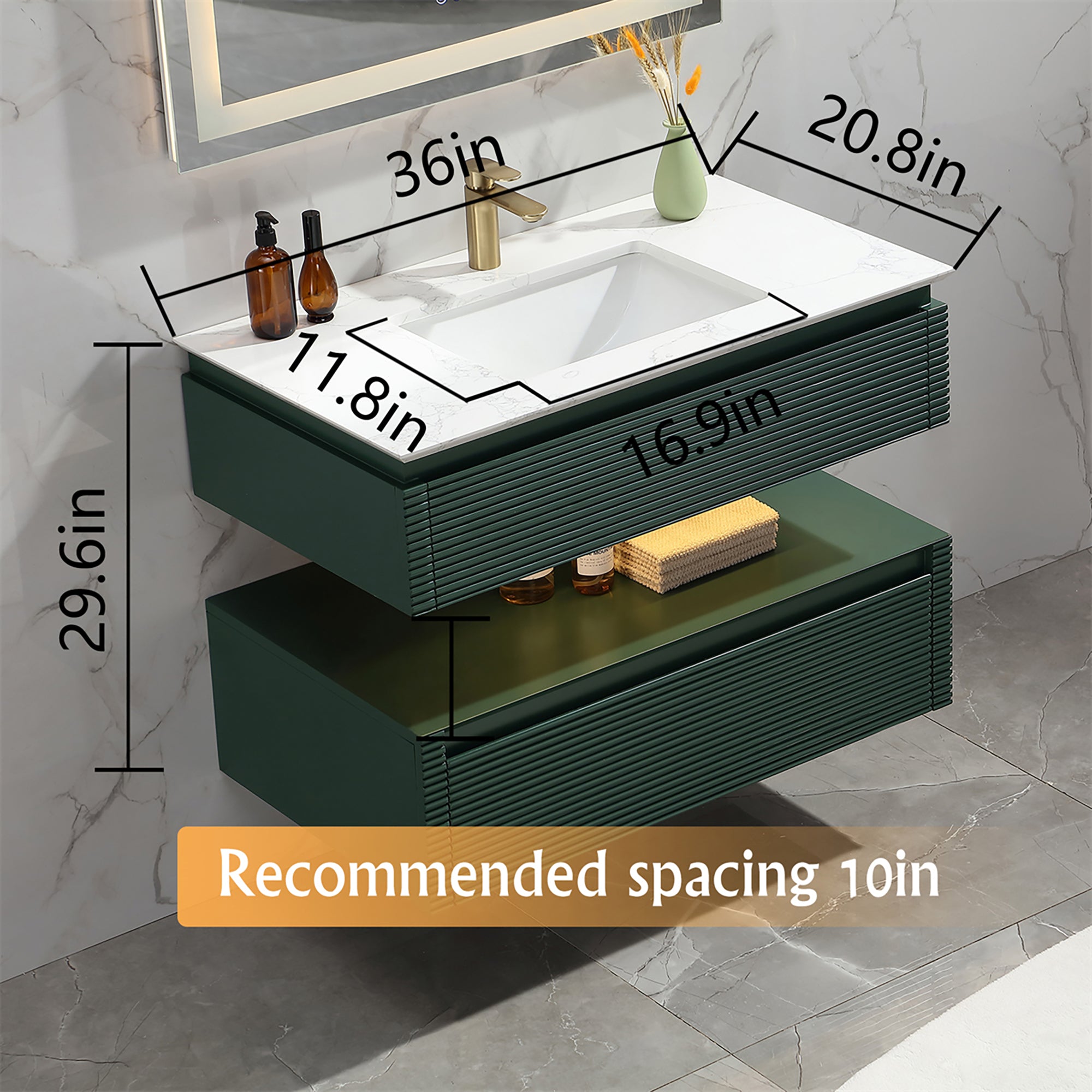 36 Inch Solid Wood Wall-Mounted Bathroom Vanity Set in Green/ White with Engineered Stone and Ceramic Sink