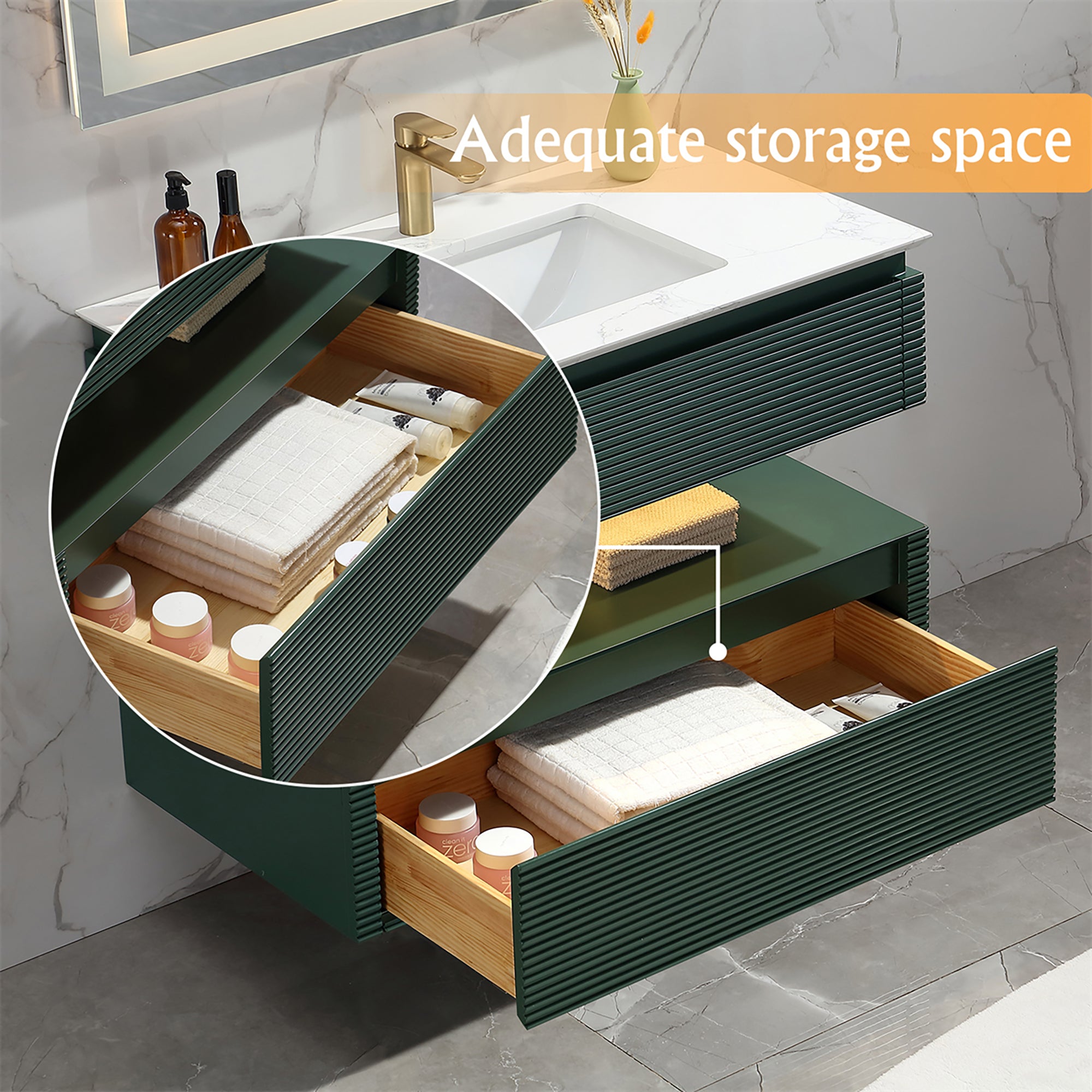 36 Inch Solid Wood Wall-Mounted Bathroom Vanity Set in Green/ White with Engineered Stone and Ceramic Sink