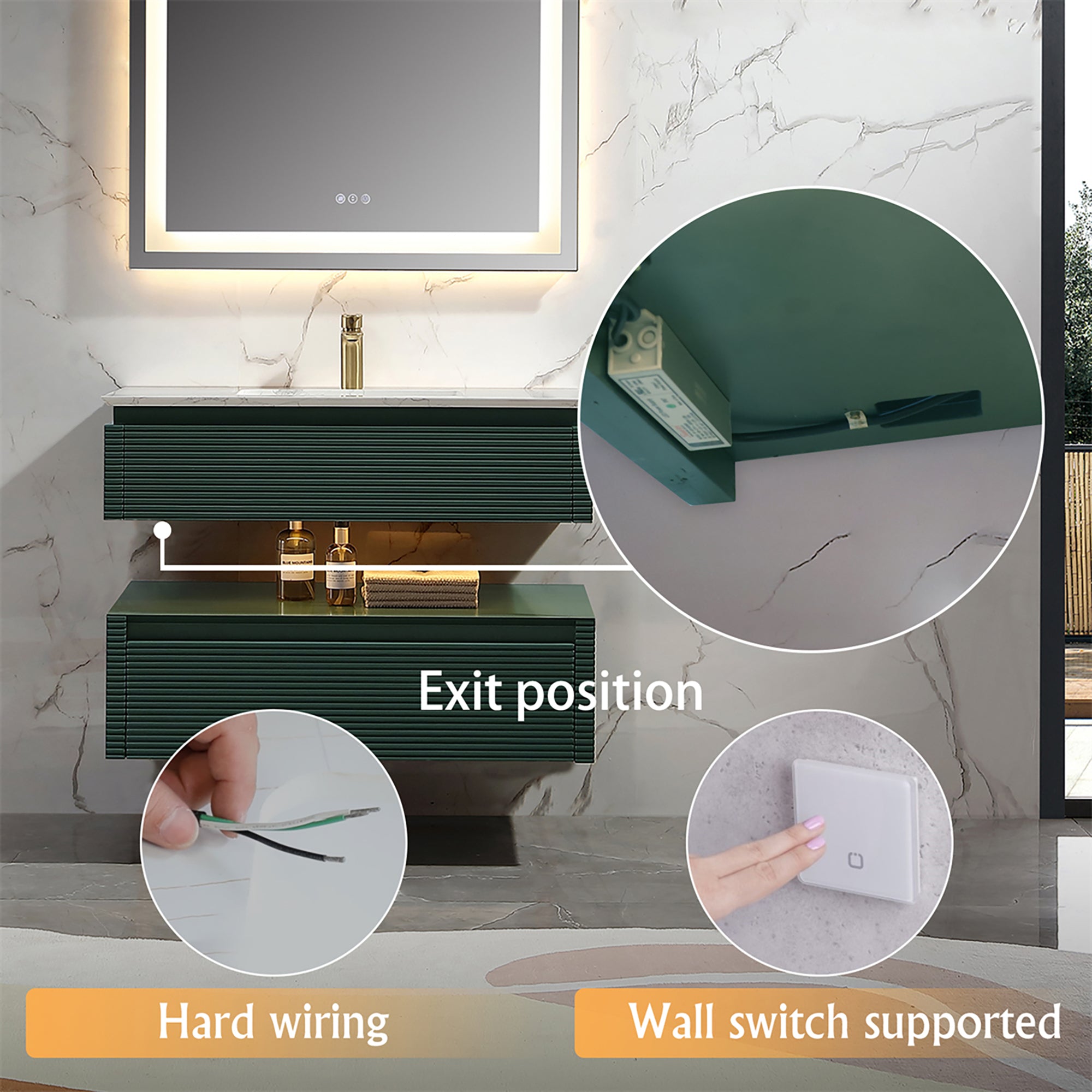 36 Inch Solid Wood Wall-Mounted Bathroom Vanity Set in Green/ White with Engineered Stone and Ceramic Sink