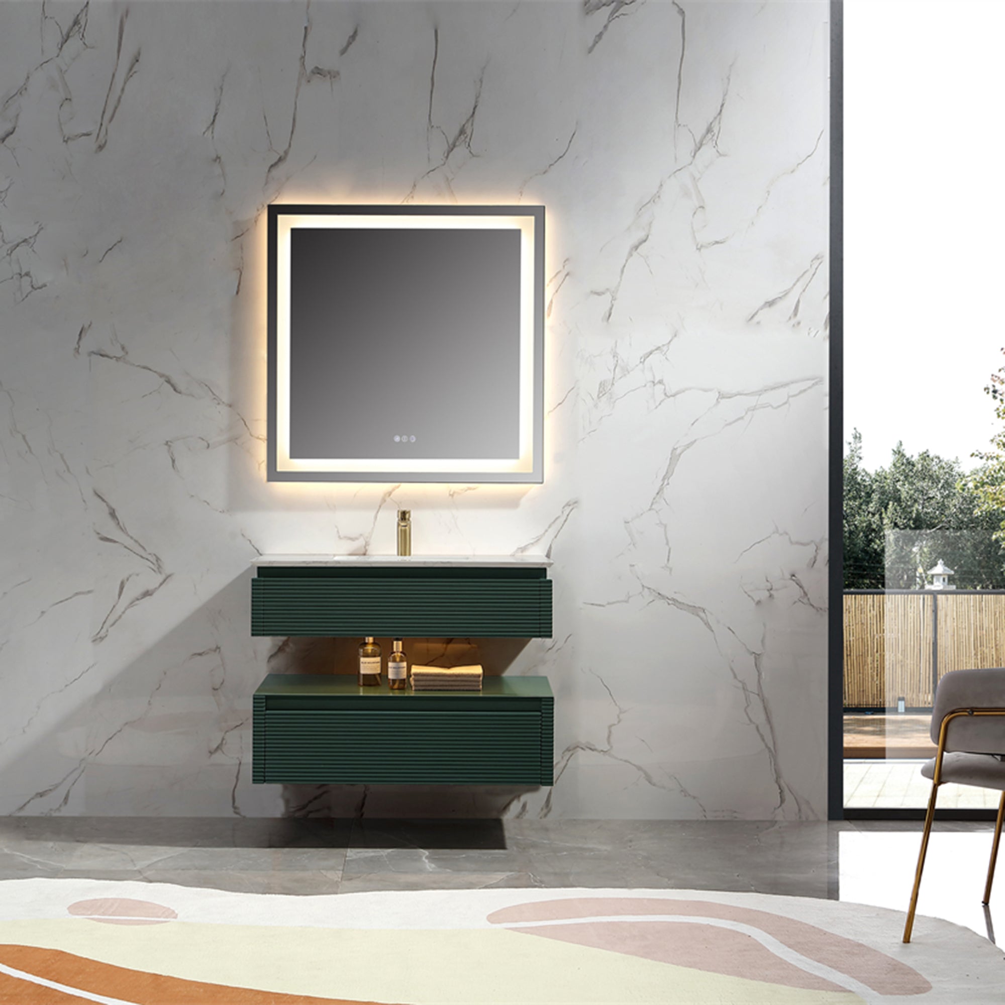 36 Inch Solid Wood Wall-Mounted Bathroom Vanity Set in Green/ White with Engineered Stone and Ceramic Sink