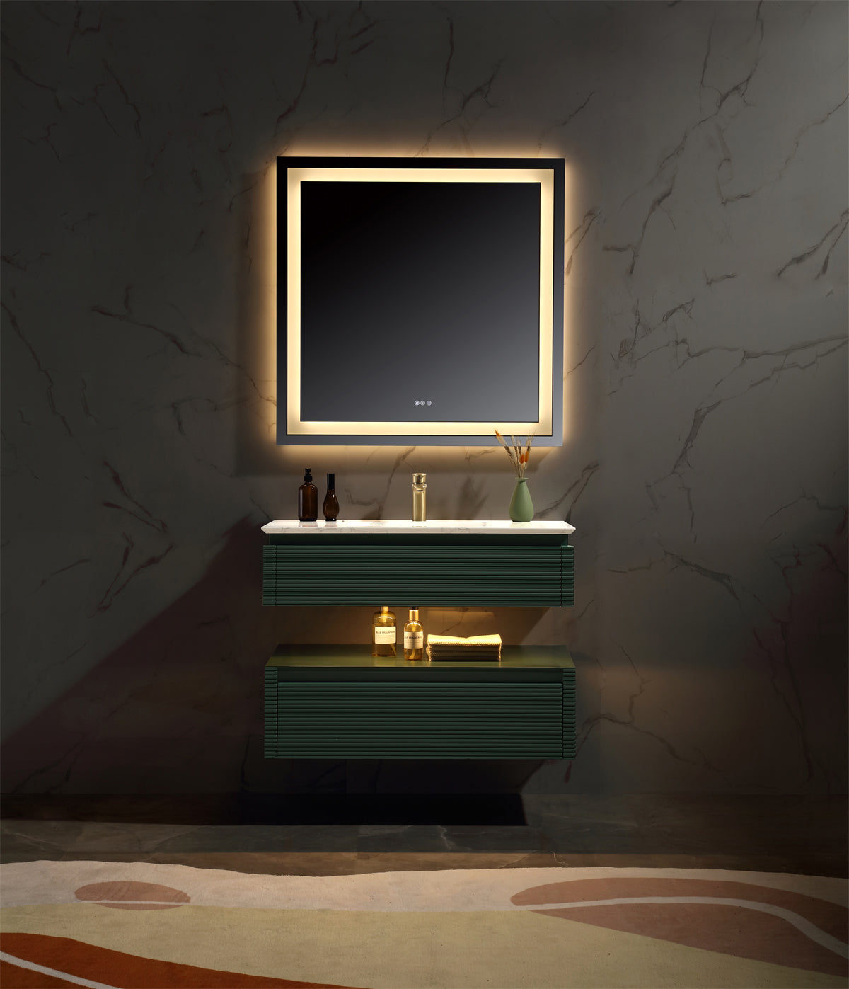 36 Inch Solid Wood Wall-Mounted Bathroom Vanity Set in Green/ White with Engineered Stone and Ceramic Sink