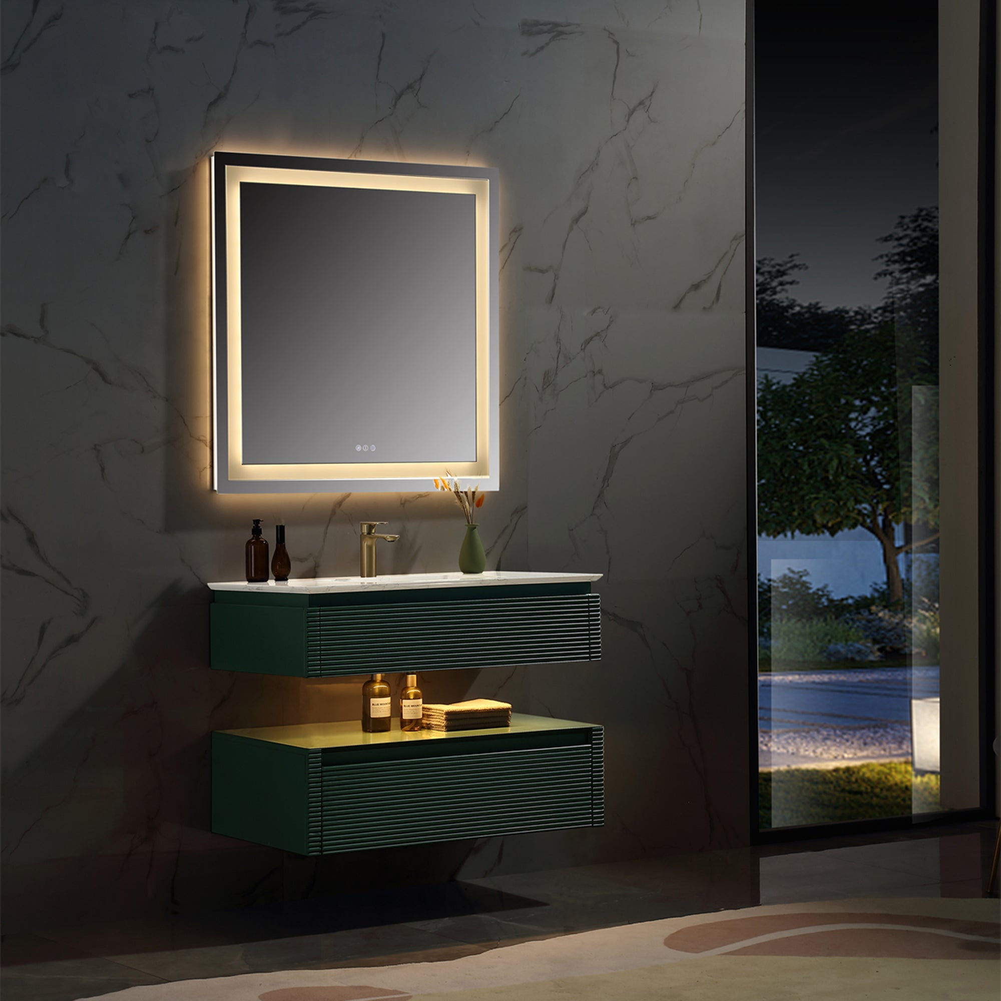 36 Inch Solid Wood Wall-Mounted Bathroom Vanity Set in Green/ White with Engineered Stone and Ceramic Sink