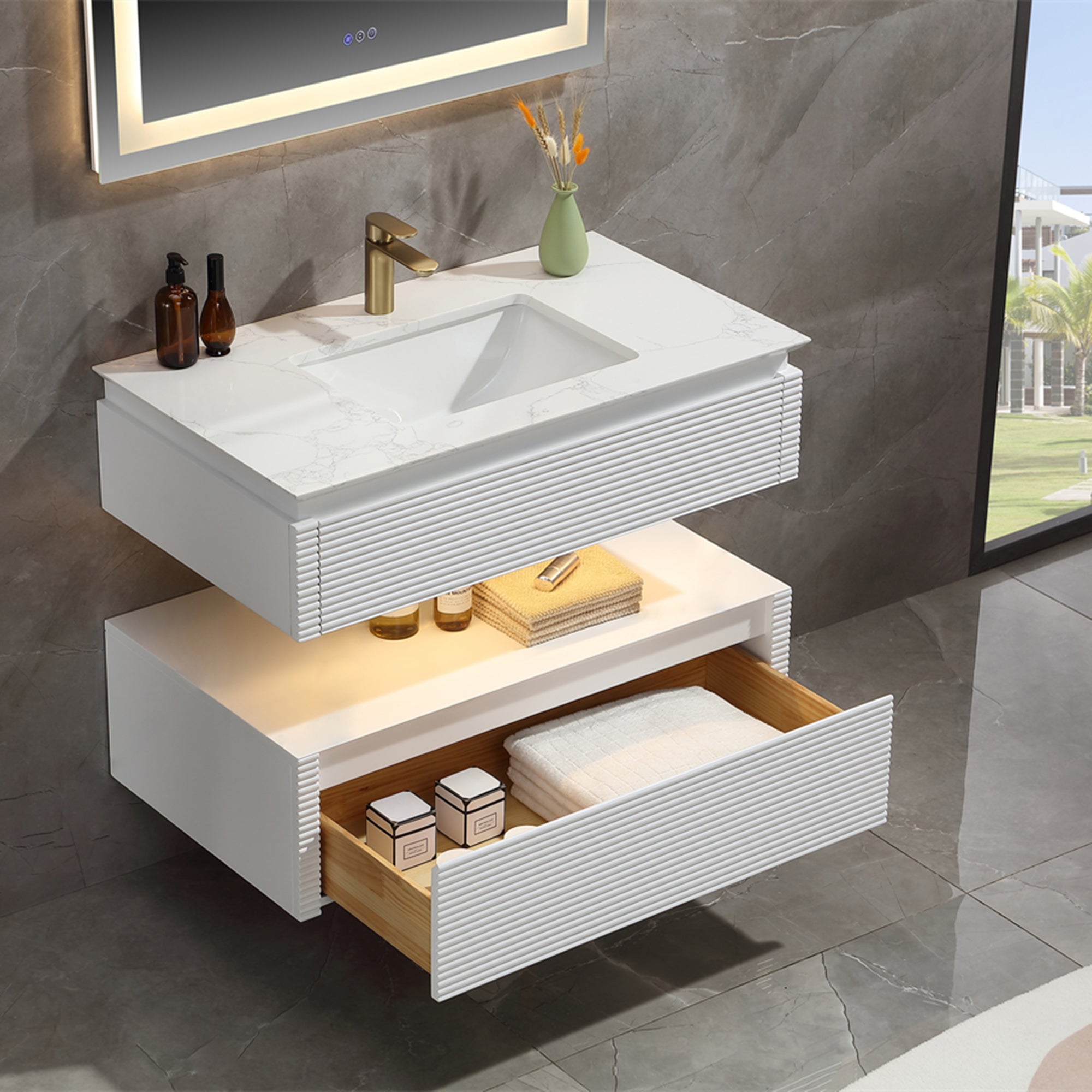 36 Inch Solid Wood Wall-Mounted Bathroom Vanity Set in Green/ White with Engineered Stone and Ceramic Sink