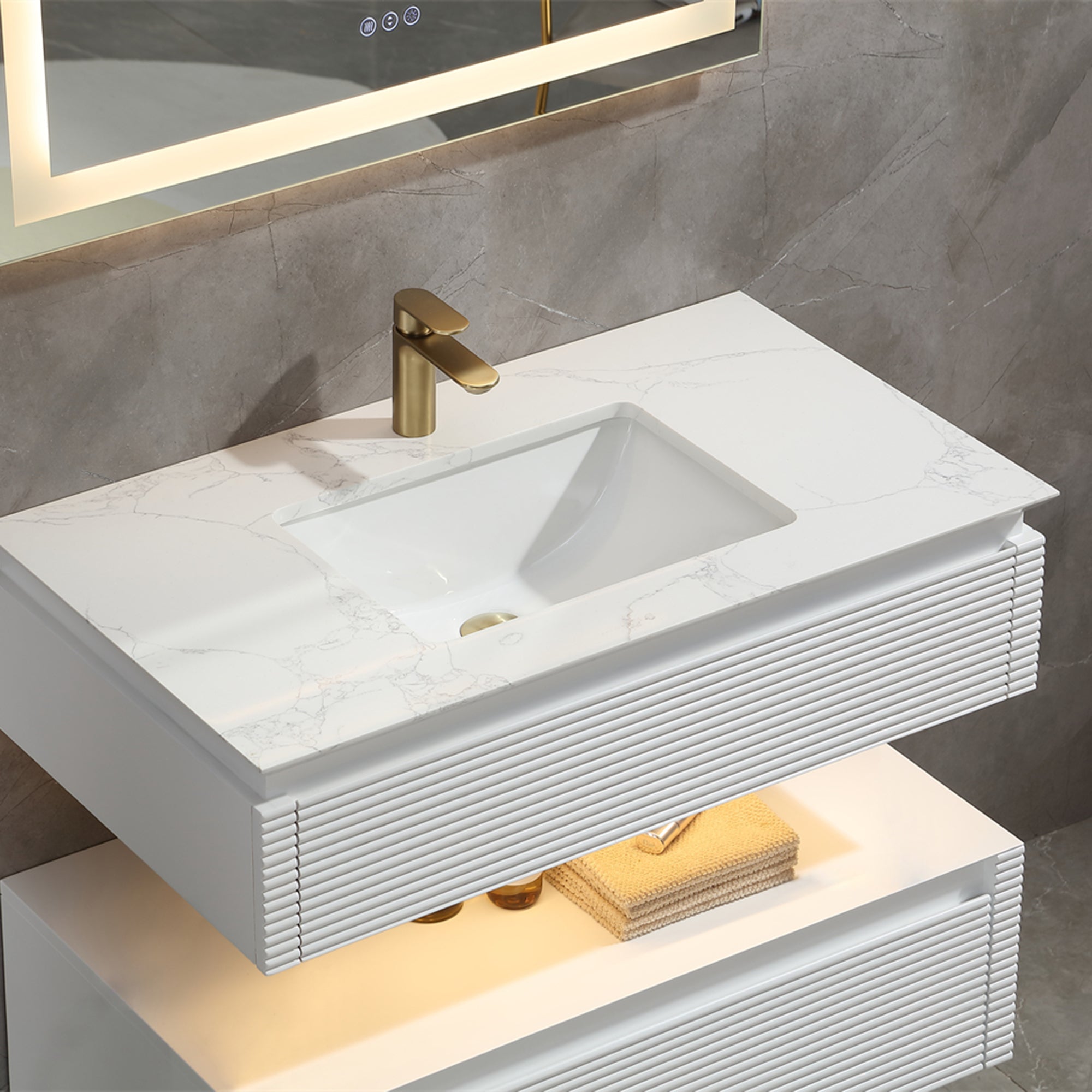 36 Inch Solid Wood Wall-Mounted Bathroom Vanity Set in Green/ White with Engineered Stone and Ceramic Sink