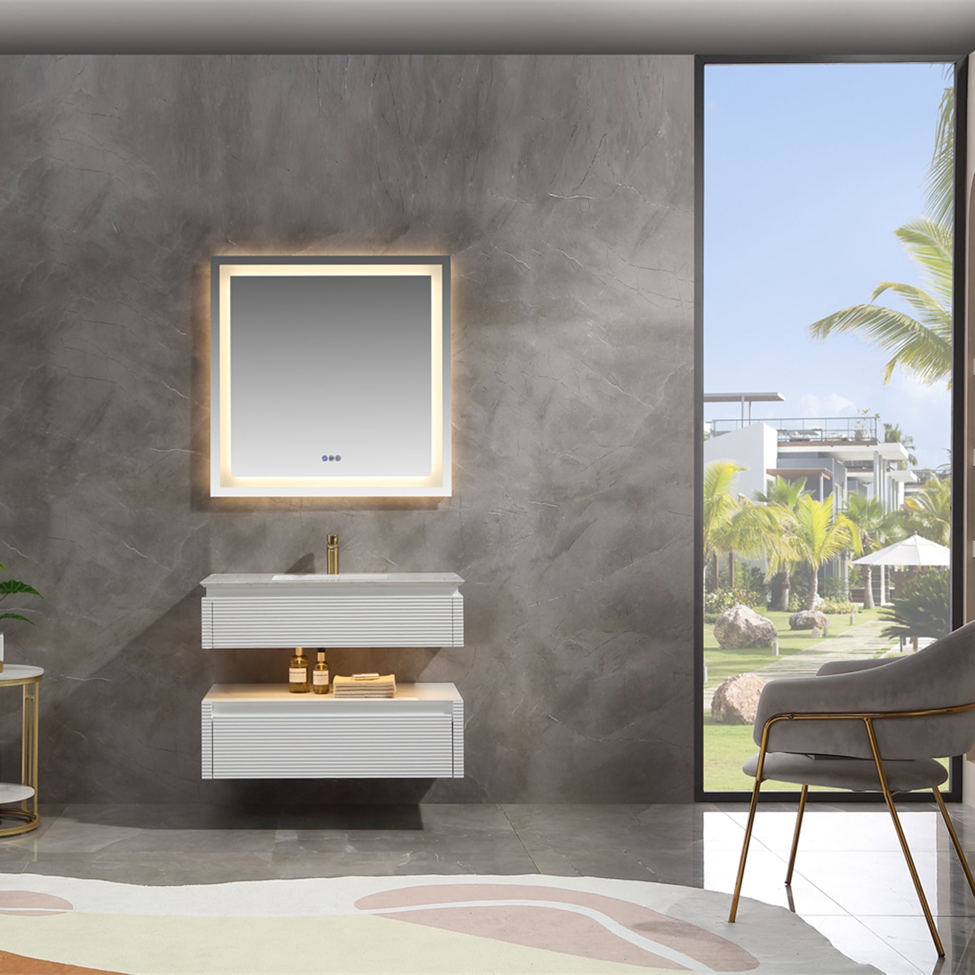 36 Inch Solid Wood Wall-Mounted Bathroom Vanity Set in Green/ White with Engineered Stone and Ceramic Sink
