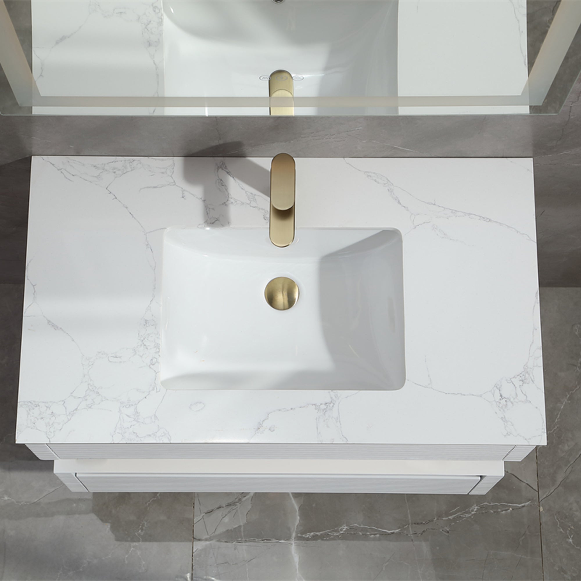 36 Inch Solid Wood Wall-Mounted Bathroom Vanity Set in Green/ White with Engineered Stone and Ceramic Sink