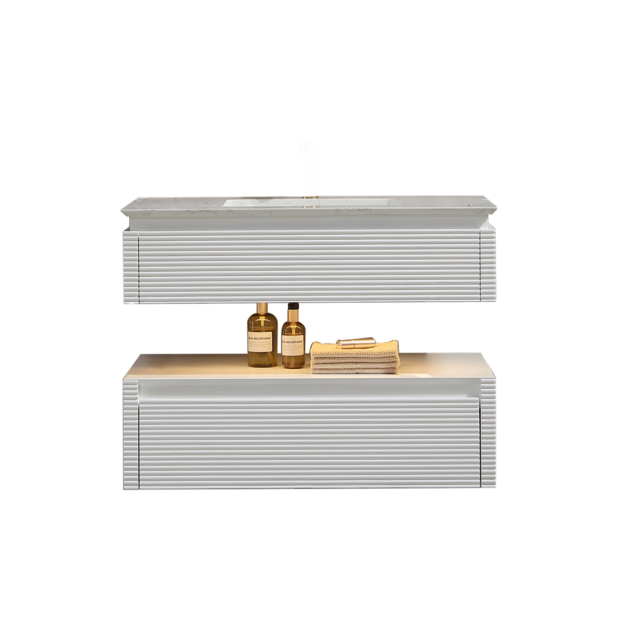 36 Inch Solid Wood Wall-Mounted Bathroom Vanity Set in Green/ White with Engineered Stone and Ceramic Sink