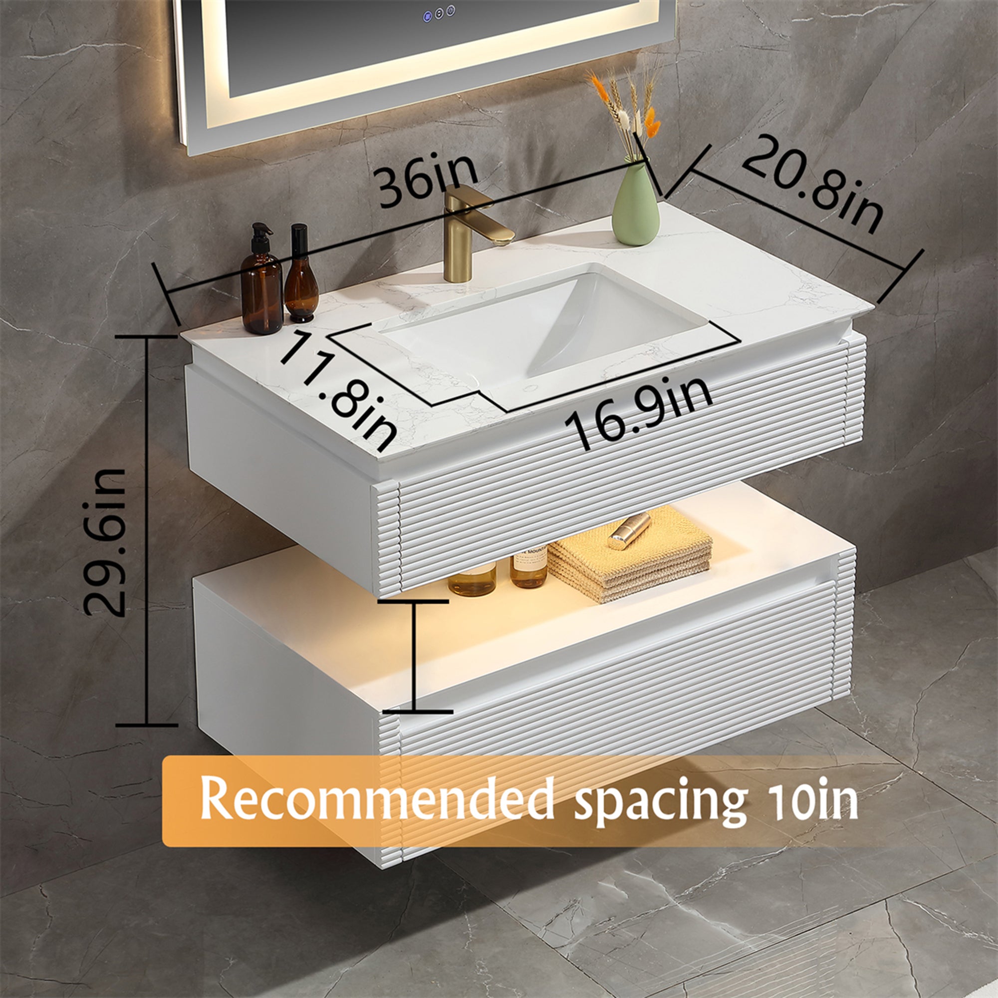 36 Inch Solid Wood Wall-Mounted Bathroom Vanity Set in Green/ White with Engineered Stone and Ceramic Sink