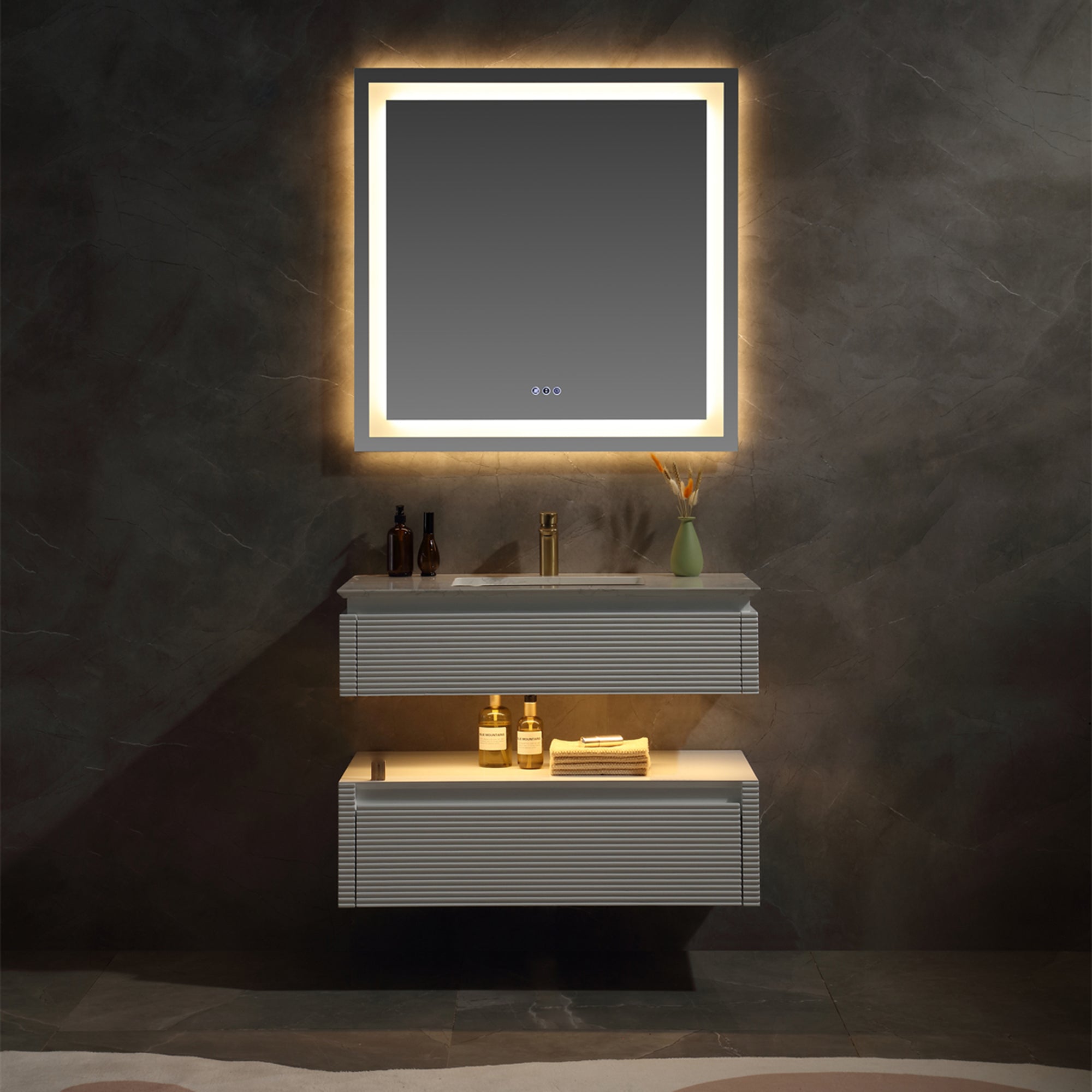 36 Inch Solid Wood Wall-Mounted Bathroom Vanity Set in Green/ White with Engineered Stone and Ceramic Sink