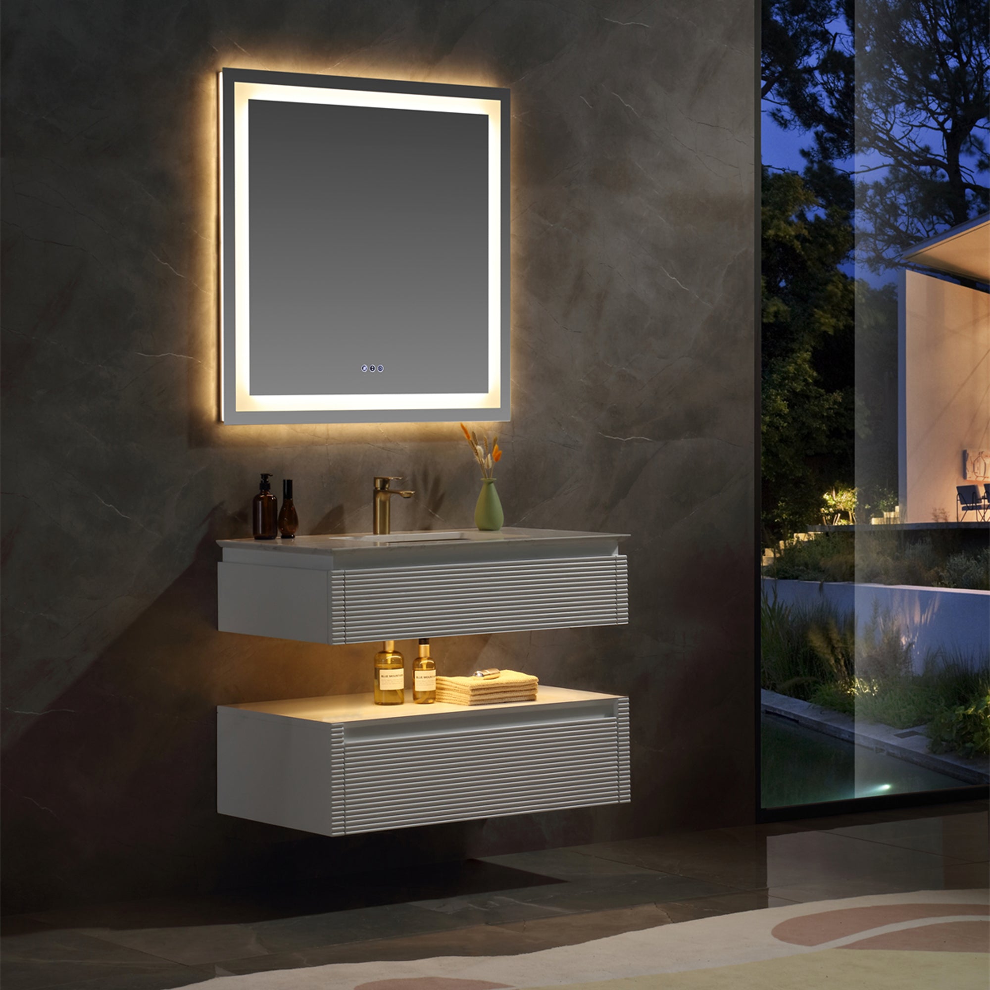 36 Inch Solid Wood Wall-Mounted Bathroom Vanity Set in Green/ White with Engineered Stone and Ceramic Sink