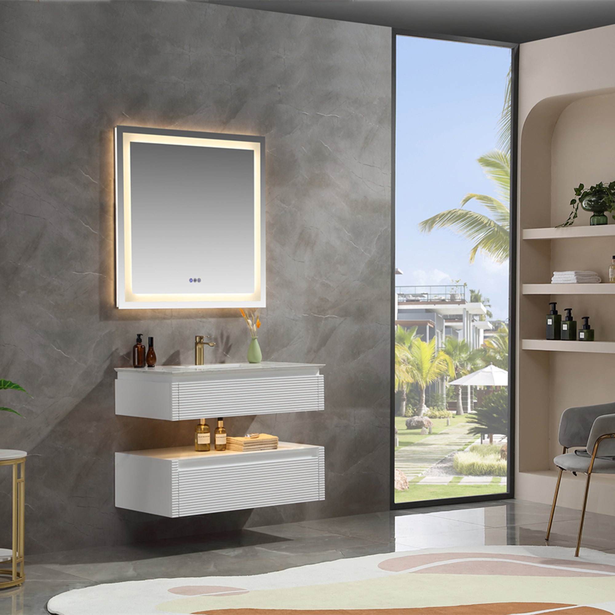 36 Inch Solid Wood Wall-Mounted Bathroom Vanity Set in Green/ White with Engineered Stone and Ceramic Sink