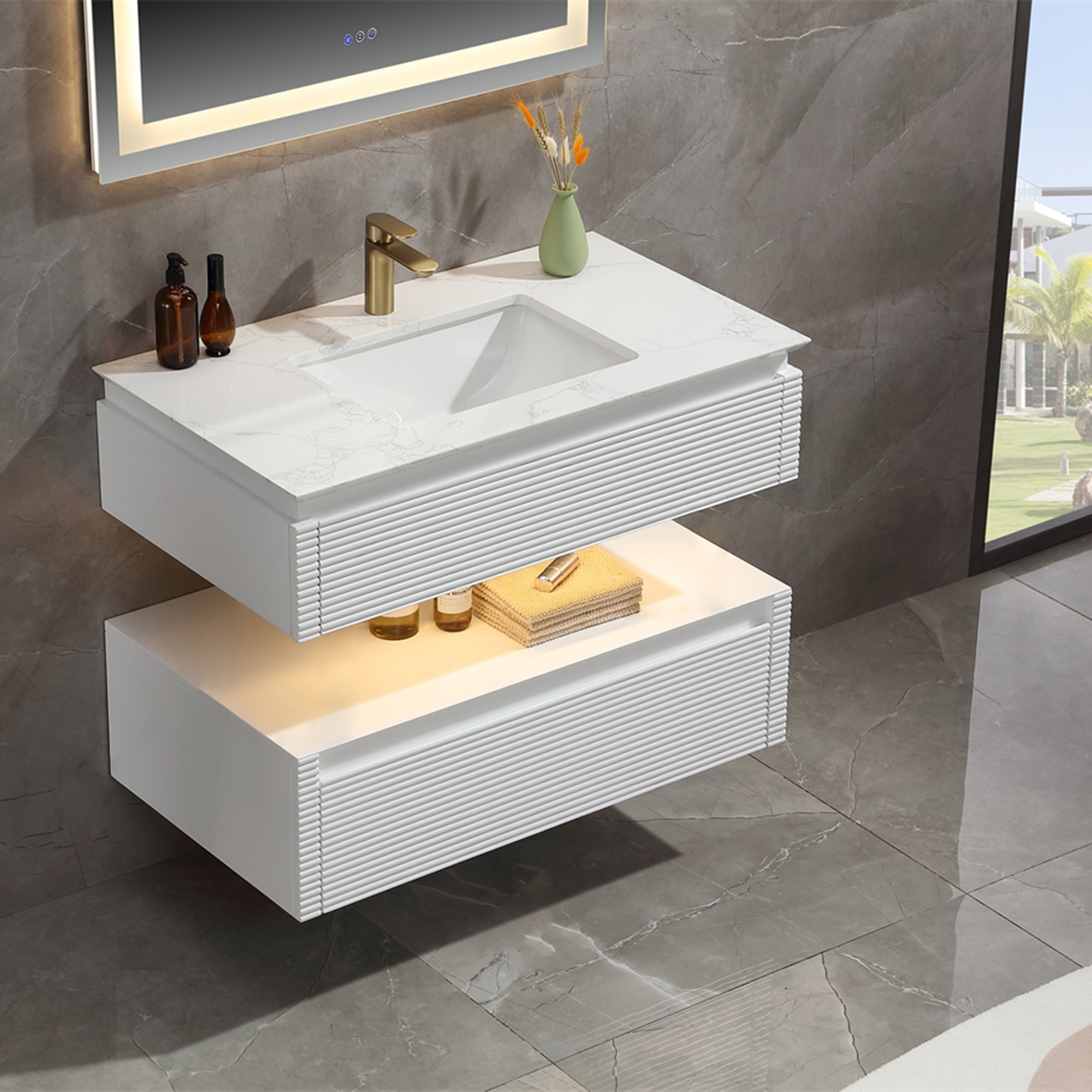 36 Inch Solid Wood Wall-Mounted Bathroom Vanity Set in Green/ White with Engineered Stone and Ceramic Sink