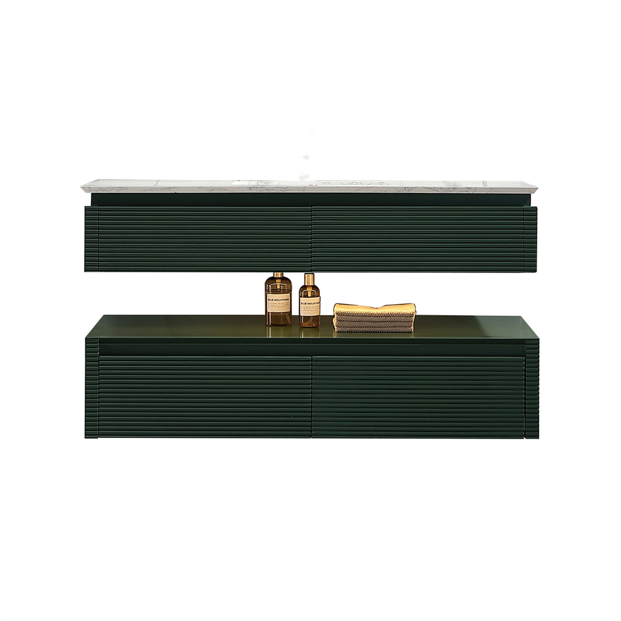 36 Inch Solid Wood Wall-Mounted Bathroom Vanity Set in Green/ White with Engineered Stone and Ceramic Sink
