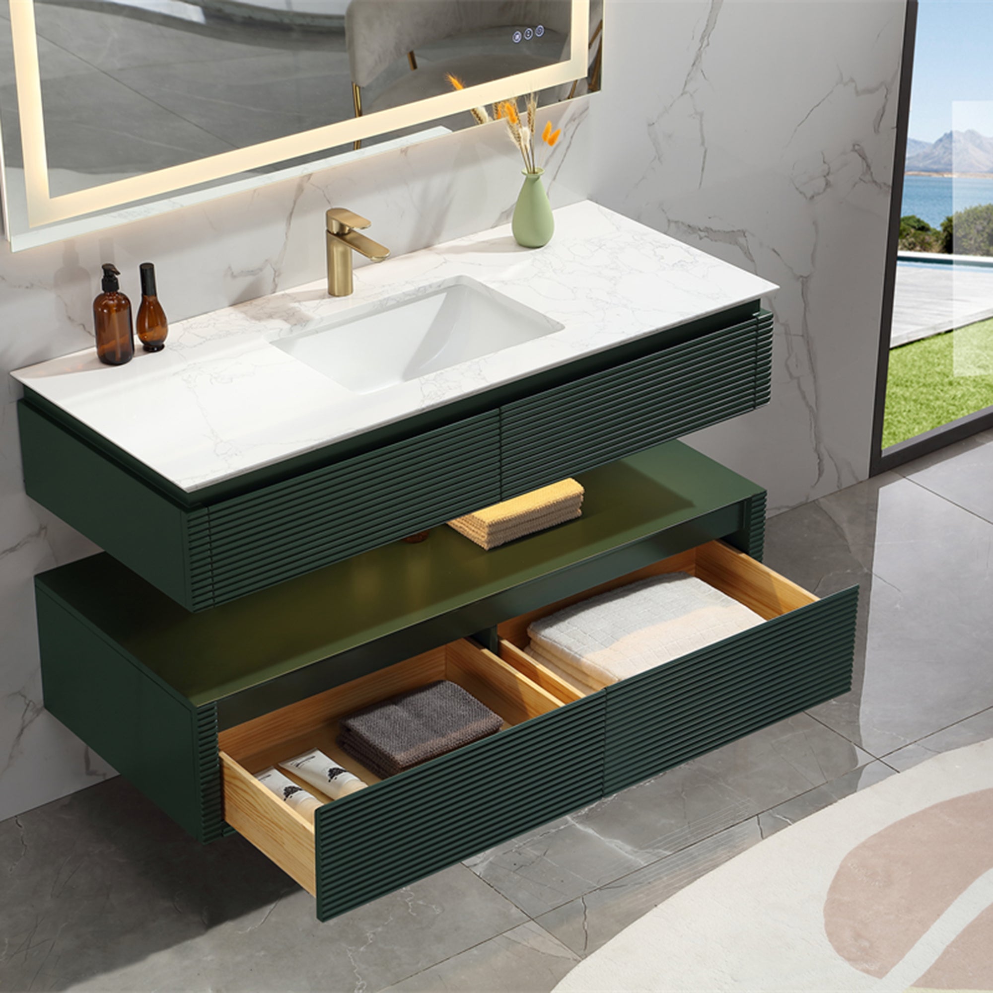 36 Inch Solid Wood Wall-Mounted Bathroom Vanity Set in Green/ White with Engineered Stone and Ceramic Sink