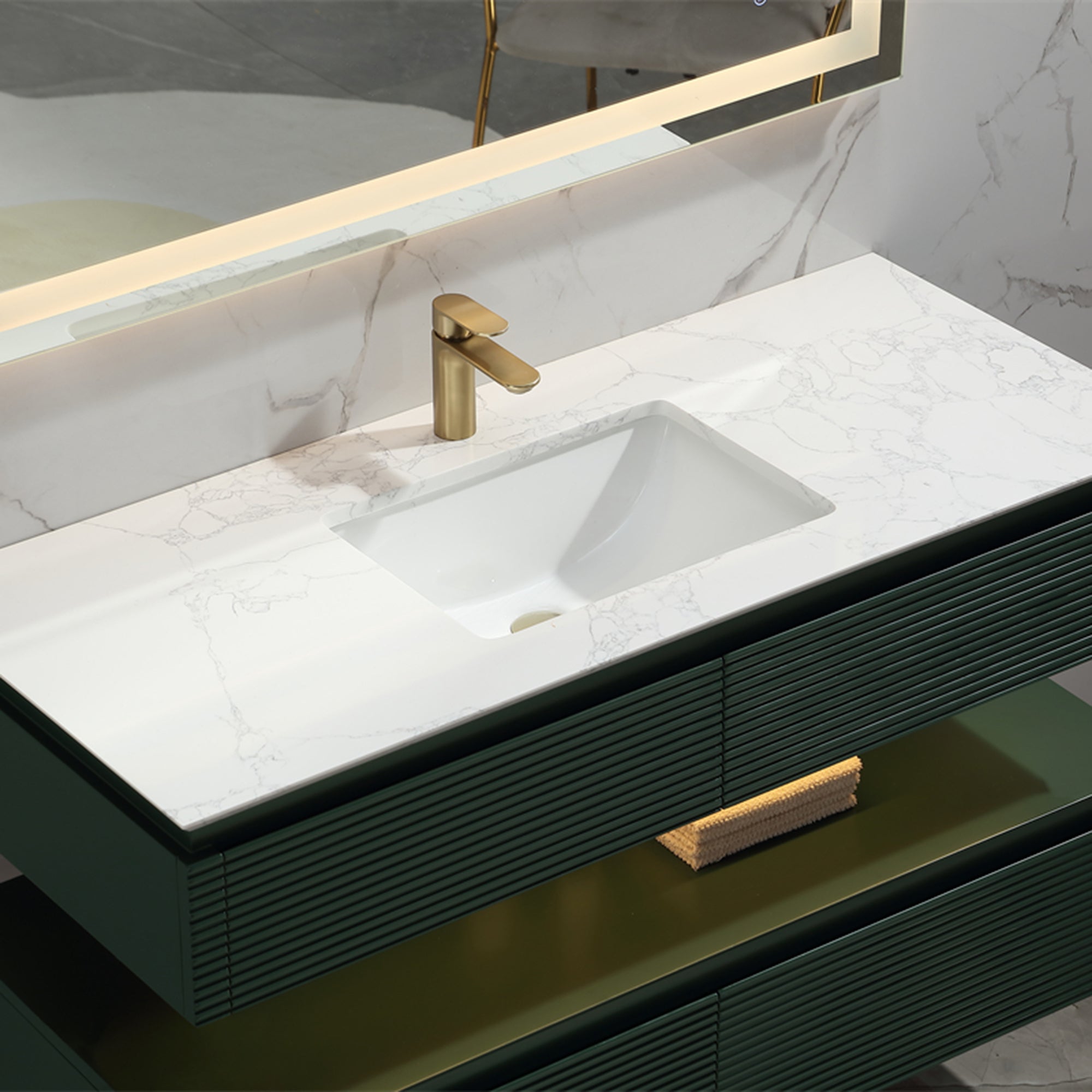 36 Inch Solid Wood Wall-Mounted Bathroom Vanity Set in Green/ White with Engineered Stone and Ceramic Sink