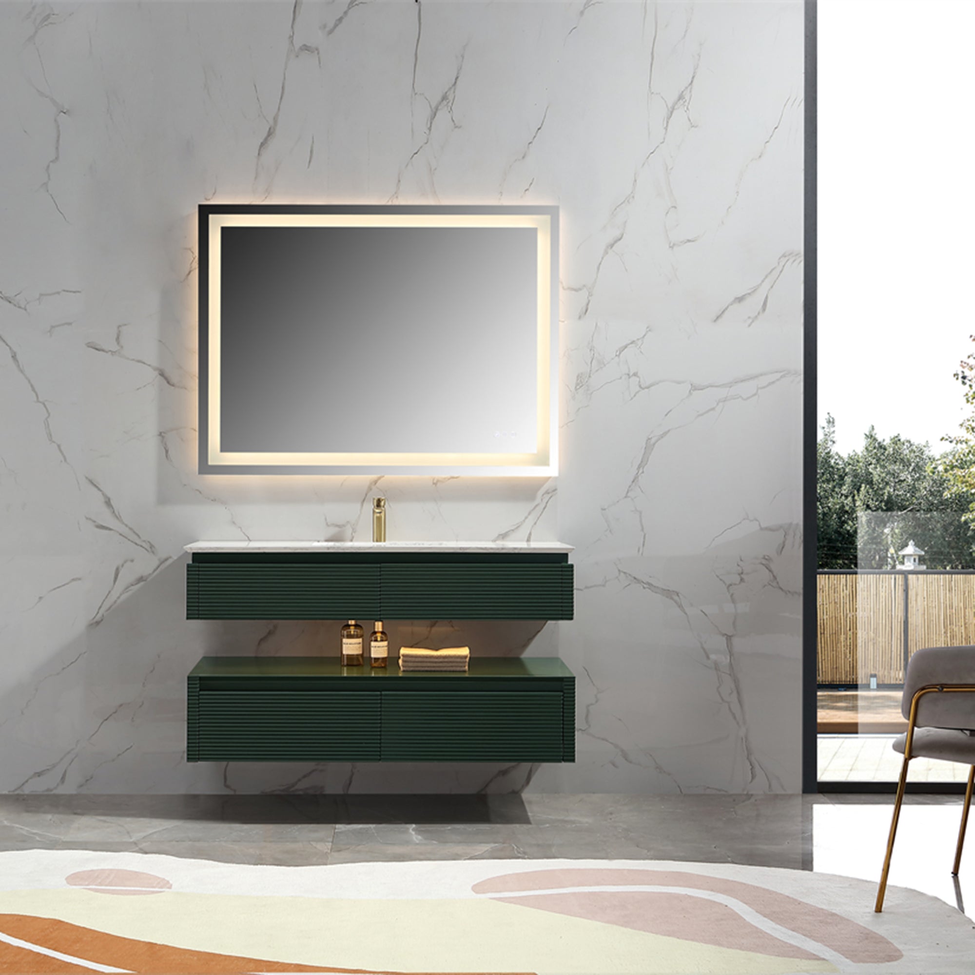 36 Inch Solid Wood Wall-Mounted Bathroom Vanity Set in Green/ White with Engineered Stone and Ceramic Sink