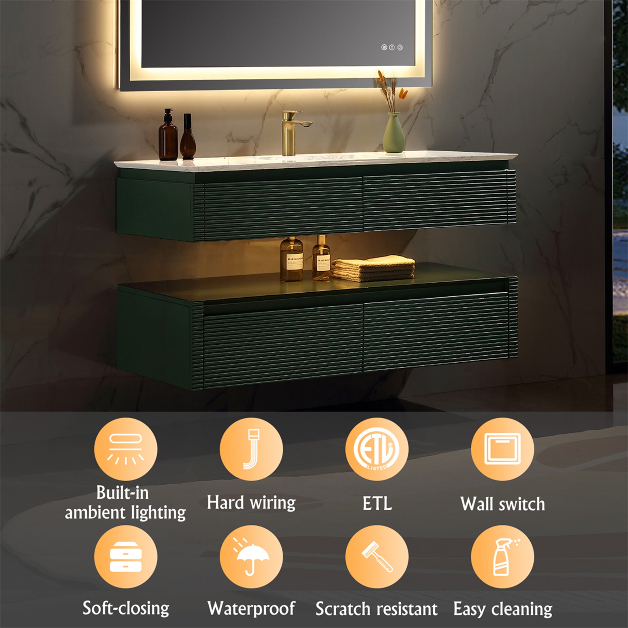 36 Inch Solid Wood Wall-Mounted Bathroom Vanity Set in Green/ White with Engineered Stone and Ceramic Sink