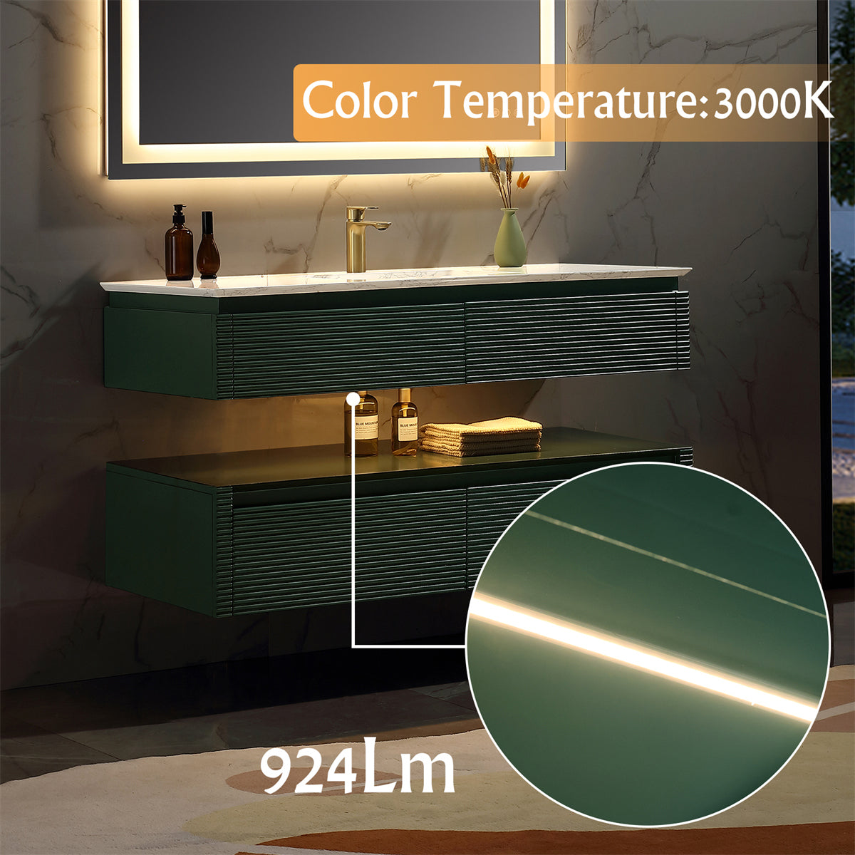 36 Inch Solid Wood Wall-Mounted Bathroom Vanity Set in Green/ White with Engineered Stone and Ceramic Sink
