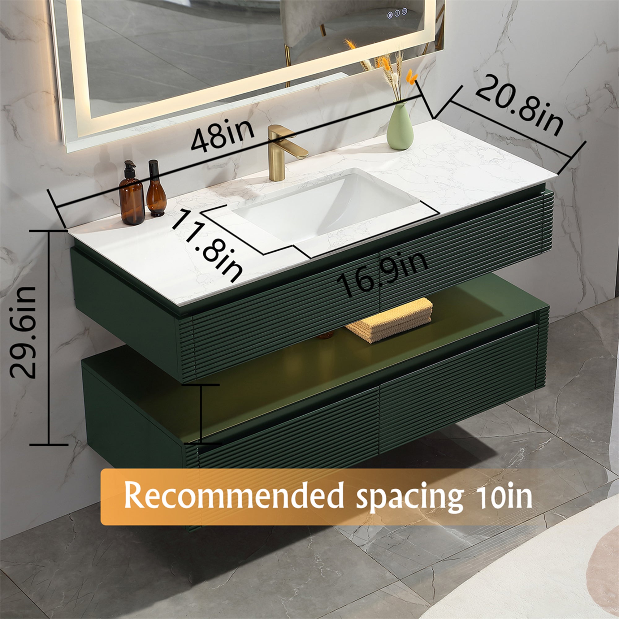 36 Inch Solid Wood Wall-Mounted Bathroom Vanity Set in Green/ White with Engineered Stone and Ceramic Sink