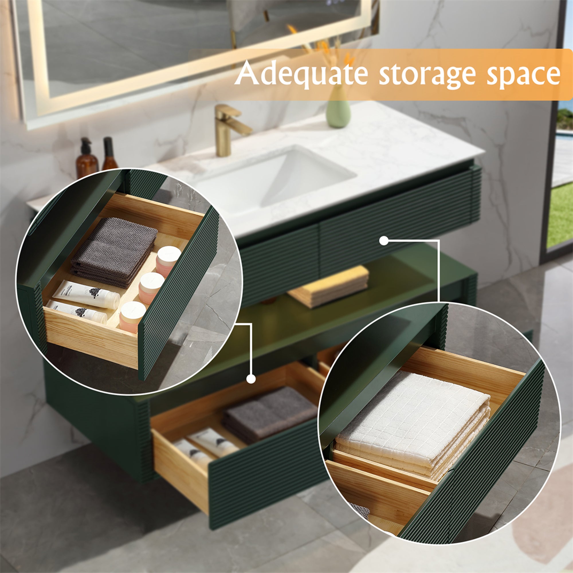 36 Inch Solid Wood Wall-Mounted Bathroom Vanity Set in Green/ White with Engineered Stone and Ceramic Sink